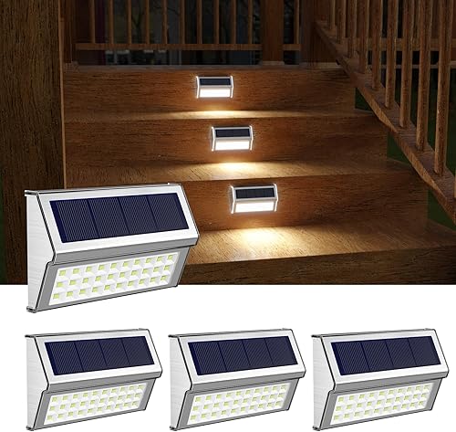 ROSHWEY Paquete de 4 luces solares para exteriores, 30 luces LED de acero inoxidable, impermeables, para escaleras, decoración de patio trasero para