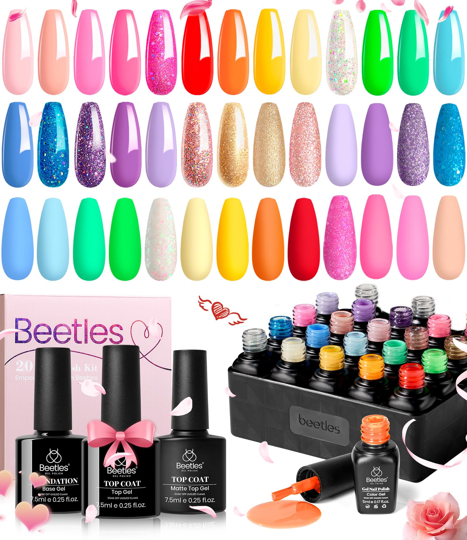 beetles Gel Polish Nail Set 23 Pcs 20 Colors Rainbow Collection Green Pink Blue Glitter Nude Manicure Kit with 3Pcs Base Matte and Glossy Top Coat Uv Lamp Needed Nail Art Gift for Women Girls