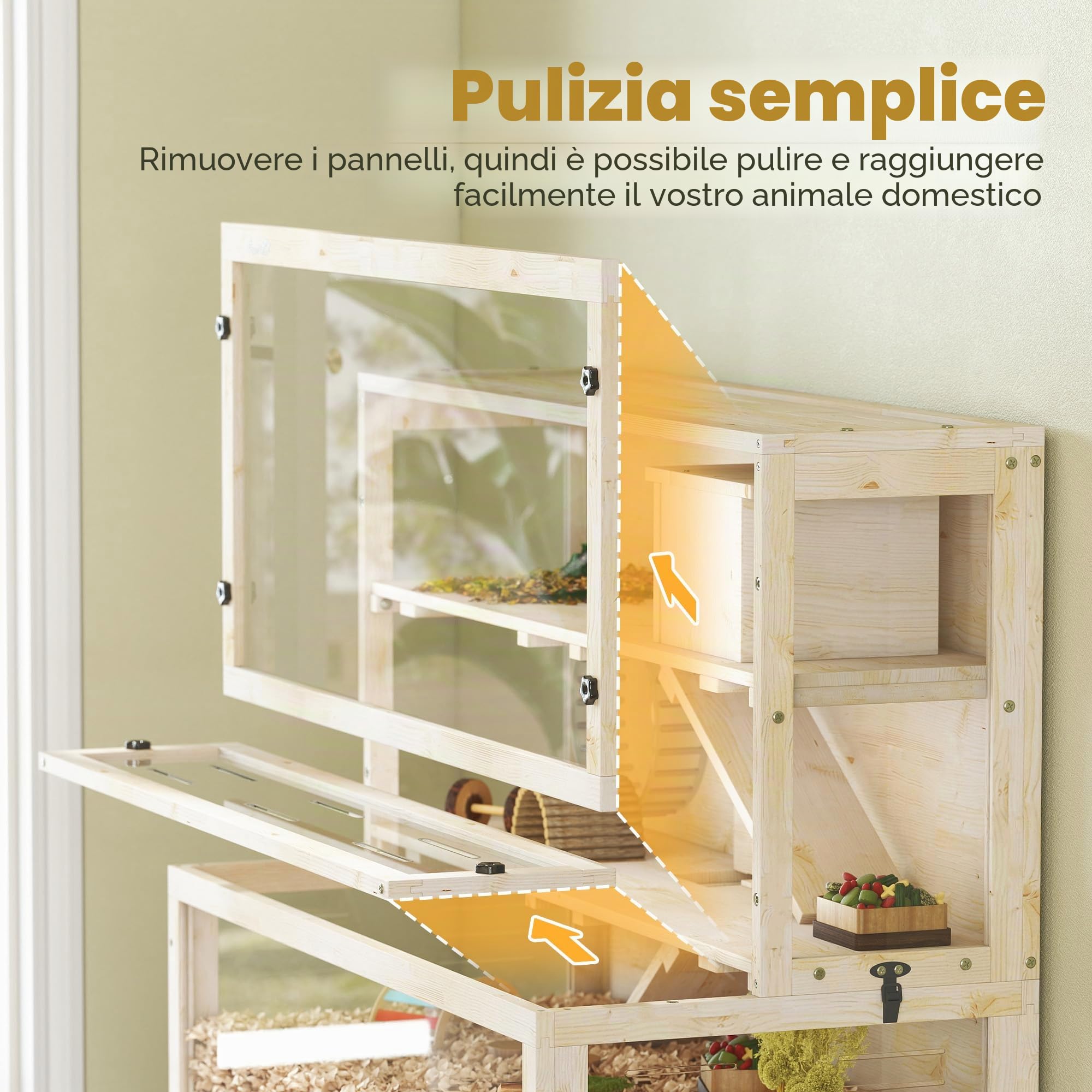 PawHut Gabbia Criceti Legno Capanna, Ruota, Rampe, 100x50x84 cm Nat.