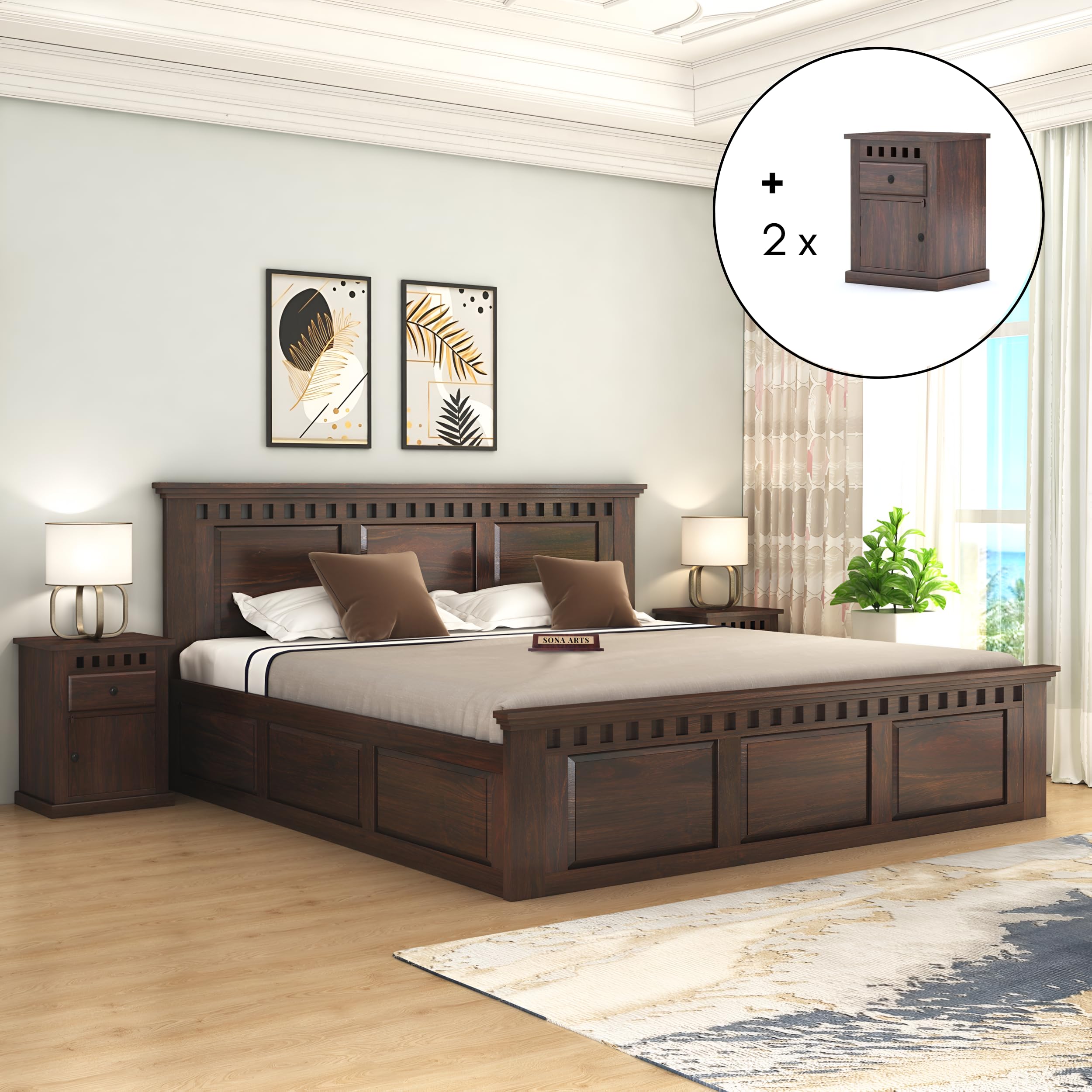 SONA ART & CRAFTS Kuber Solid Sheesham Wood King Size Bed with Storage Box + 2 Side Tables | Wooden King Size Cot Bed | Double Bed with Box with 2 Bedside Tables for Home Walnut (Assembly Included)