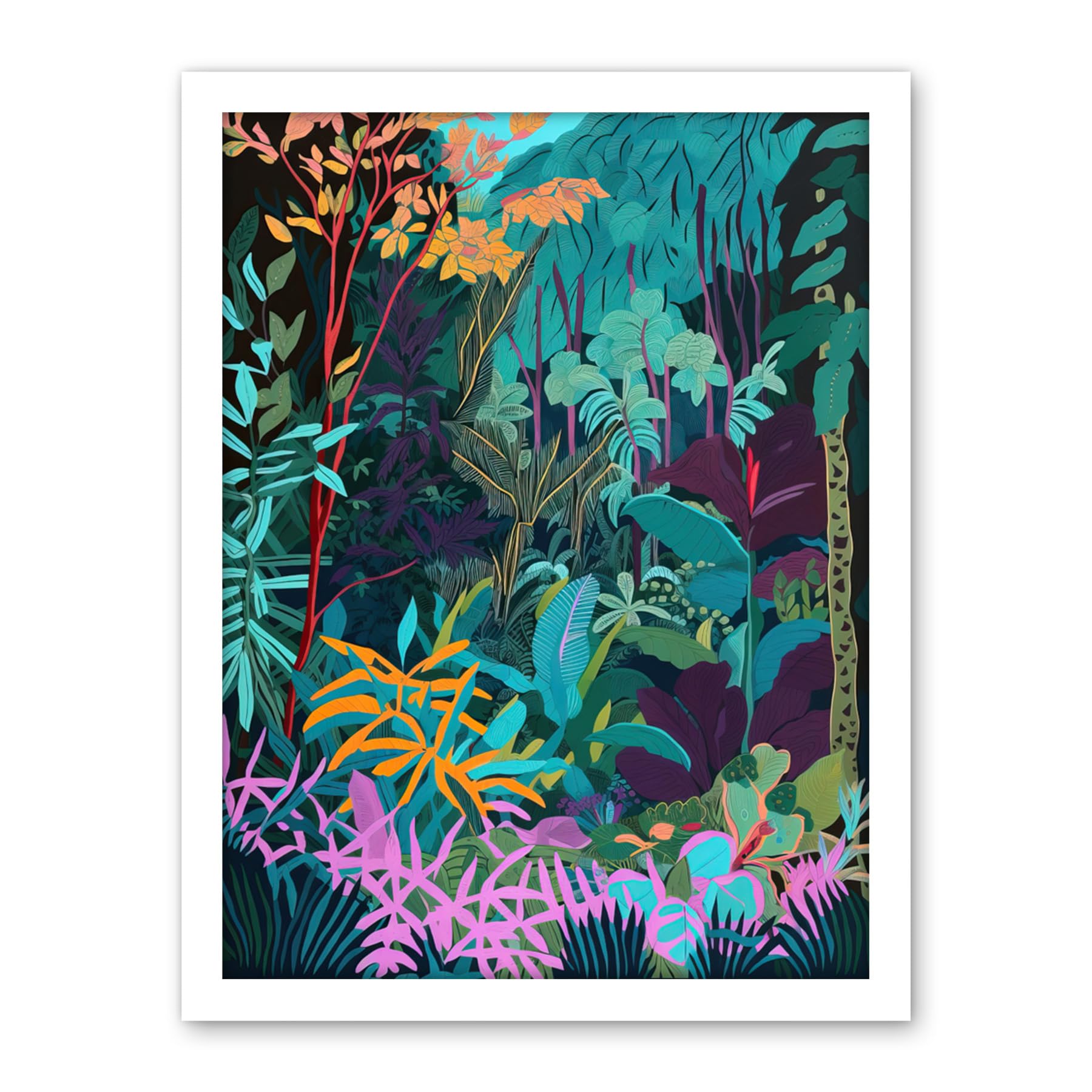 Artery8 Tropical Jungle Forest Vibrant Colour Illustration Artwork Framed Wall Art Print 18X24 Inch