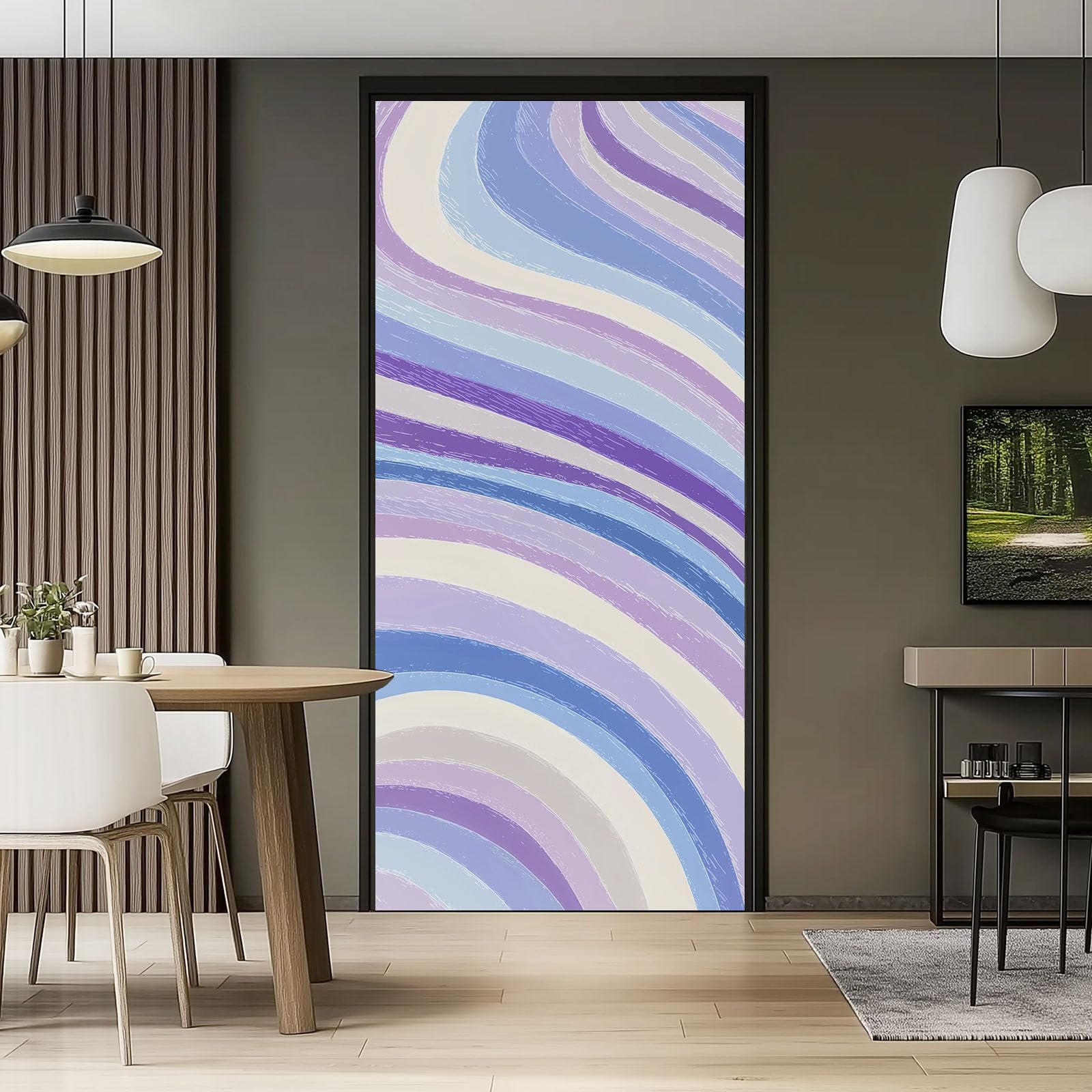 Samoprzylepna winylowa naklejka na drzwi, 80 x 210 cm, lawendowe abstrakcyjne paski, usuwalna tapeta, sztuka, plakat na drzwi, proste fale, linie, wodoodporna naklejka na drzwi do sypialni, gabinetu