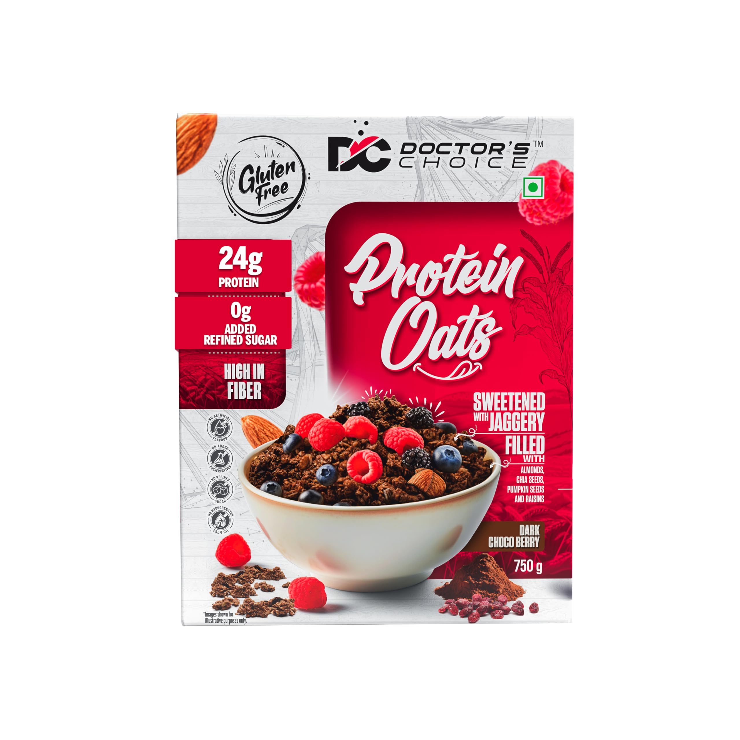 DC DOCTORS CHOICE Oats, High Protein Oats, 24g Pure Protein Breakfast Cereals, Jaggery Sweetened, Rich in Fiber, No Additives and 0g Sugar. (750g, Dark Choco Berry)