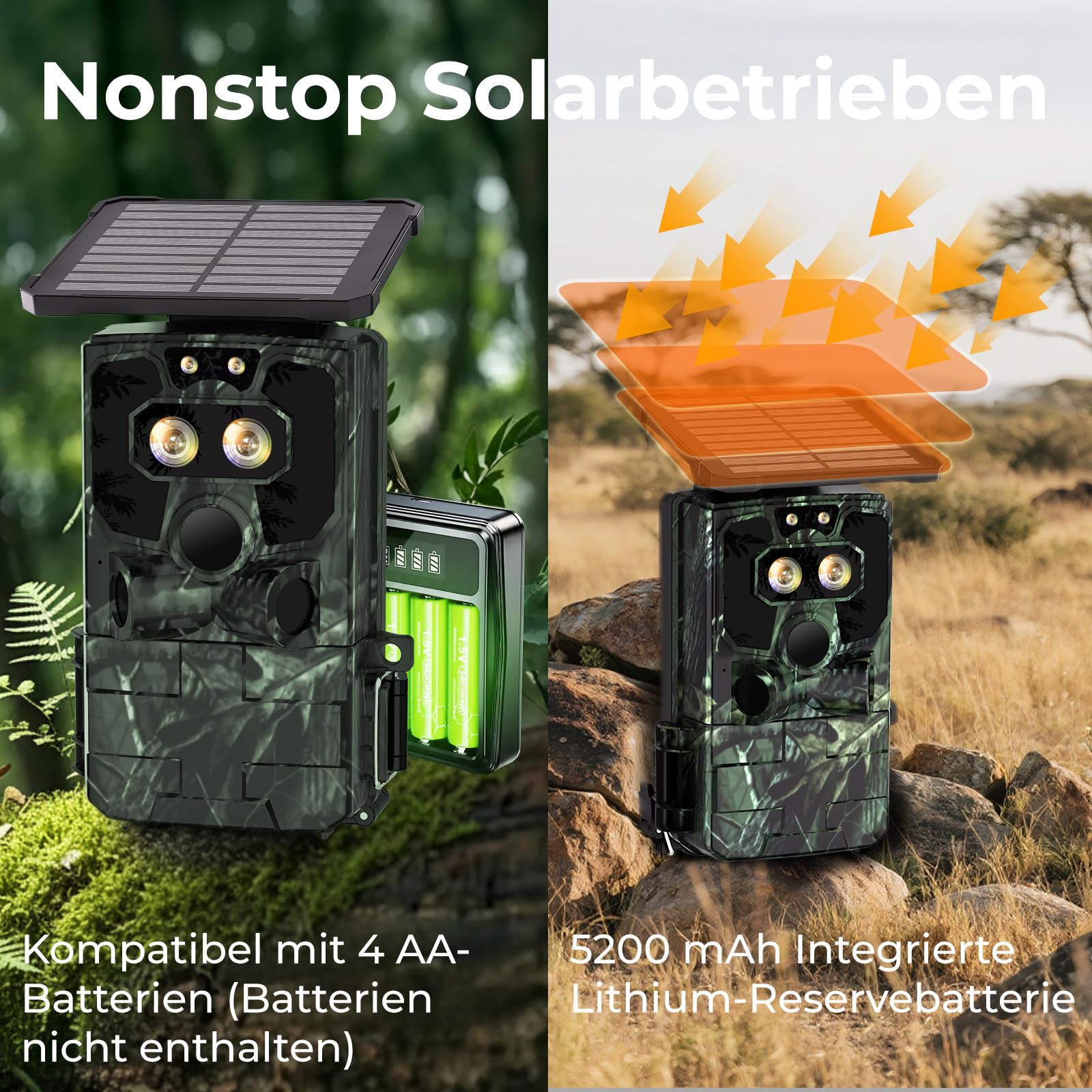 VOOPEAK Duales Objektiv Solar Wildkamera WLAN 4K 60MP, Sternenlicht Nachtsicht Wildkamera mit Handyübertragung APP, Wildtierkamera mit Nachtsicht Bewegungsmelder 0,1S Auslösezeit IP66 Wasserdicht
