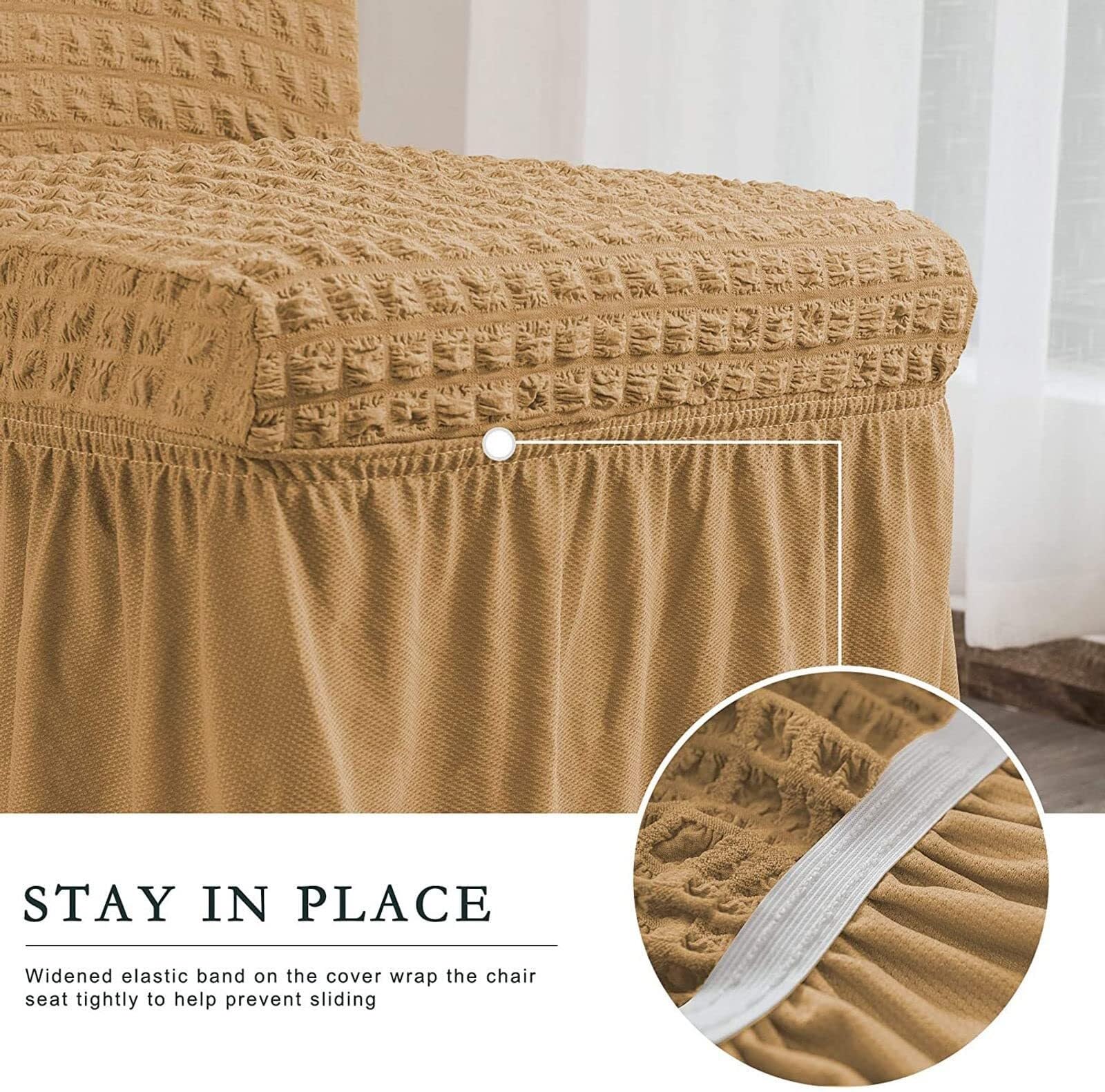 Stretchable Seersucker Esszimmerstuhlhussen, 6 Stück, elastische Stuhlhussen für Hochzeiten, Hotels und Veranstaltungen, elegante Farbe Jaune B, pflegeleicht