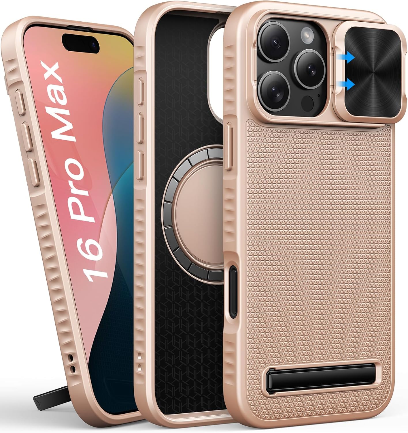 for iPhone 16 Pro Max Case with Kickstand, Slide Lens Cover, Slim Fit, Compatible with MagSafe, Military-Grade Drop & Camera Protection, Hard Magnetic Women Case for iPhone16 Pro Max, Rose Gold (iPhone 16 Pro Max Rose Gold) Thumbnail