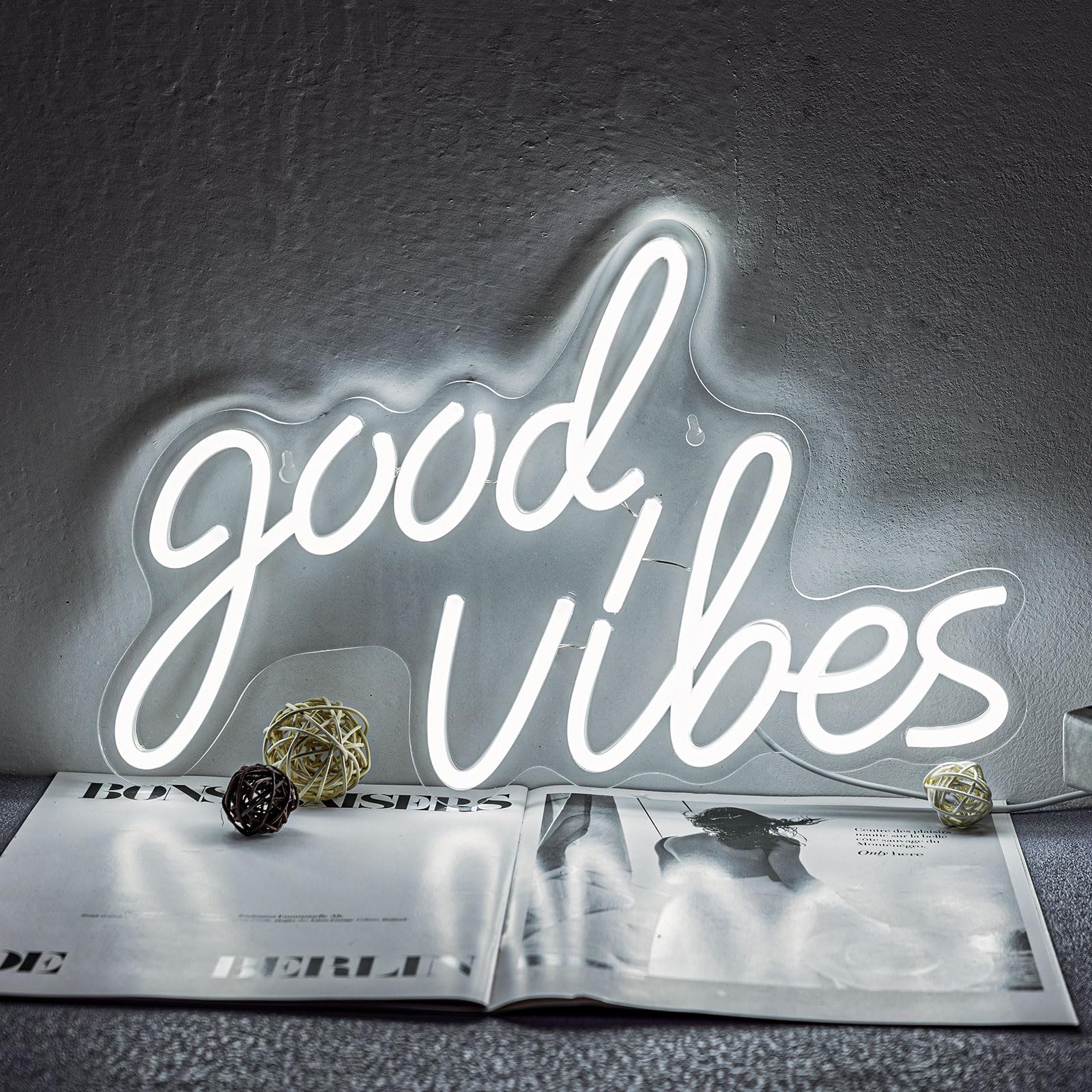 Good Vibes Neon Sign for Wall Decor, Good Vibes Neon Lights Sign, Powered by USB Goodvibes LED Light Signs for Bedroom Decor, Room, Wedding, Girl Cave, White, (15.9 x 9.7 inch)