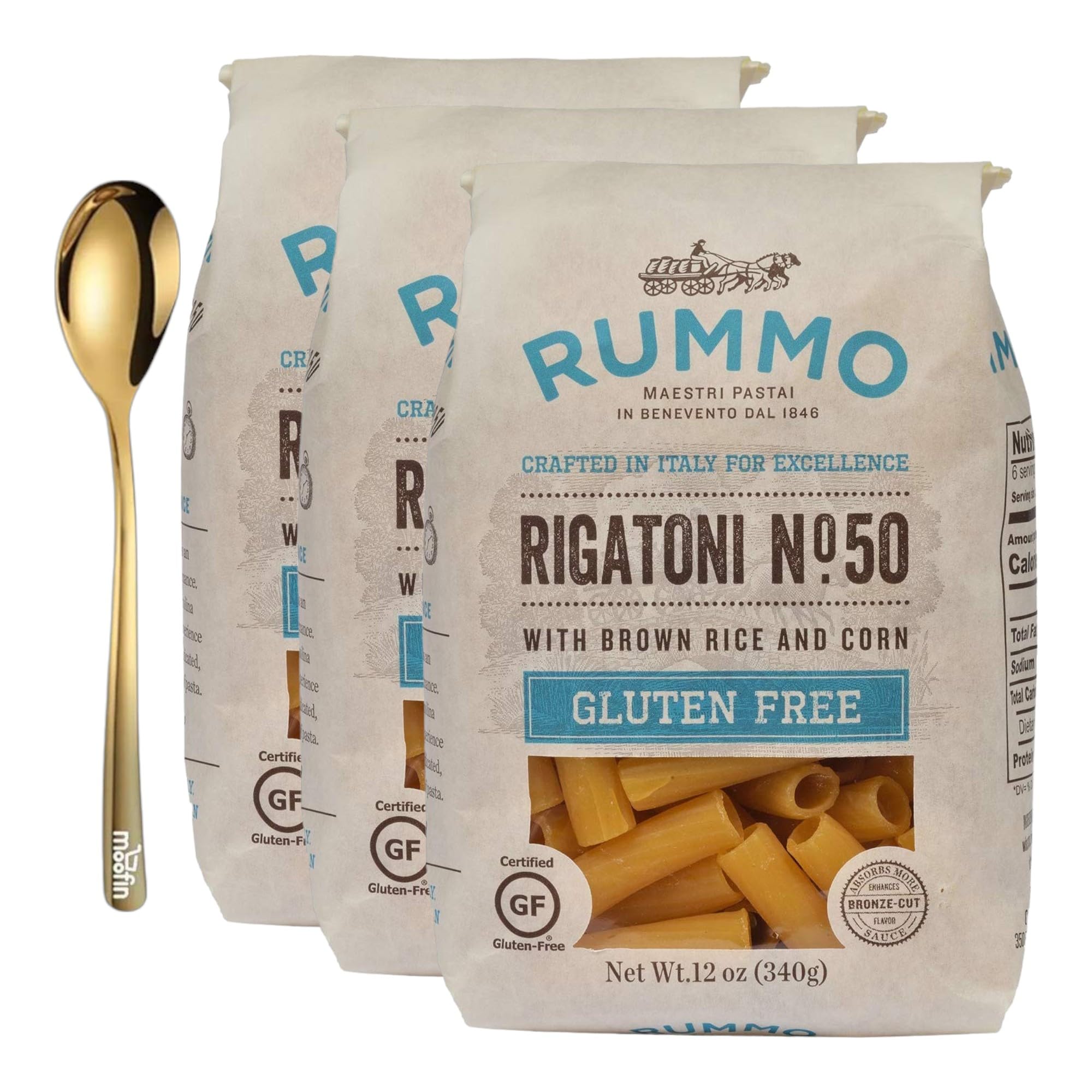 moofin Pasta Rigatoni 12 Oz, Gluten Free Pasta, Includes Moofin Golden SS Spoon, Artisanal Quality, Protein Pasta, Dairy-Free, Vegan, Authentic Italian Flavor, Crafted in Gragnano, Italy (Pack of 3)