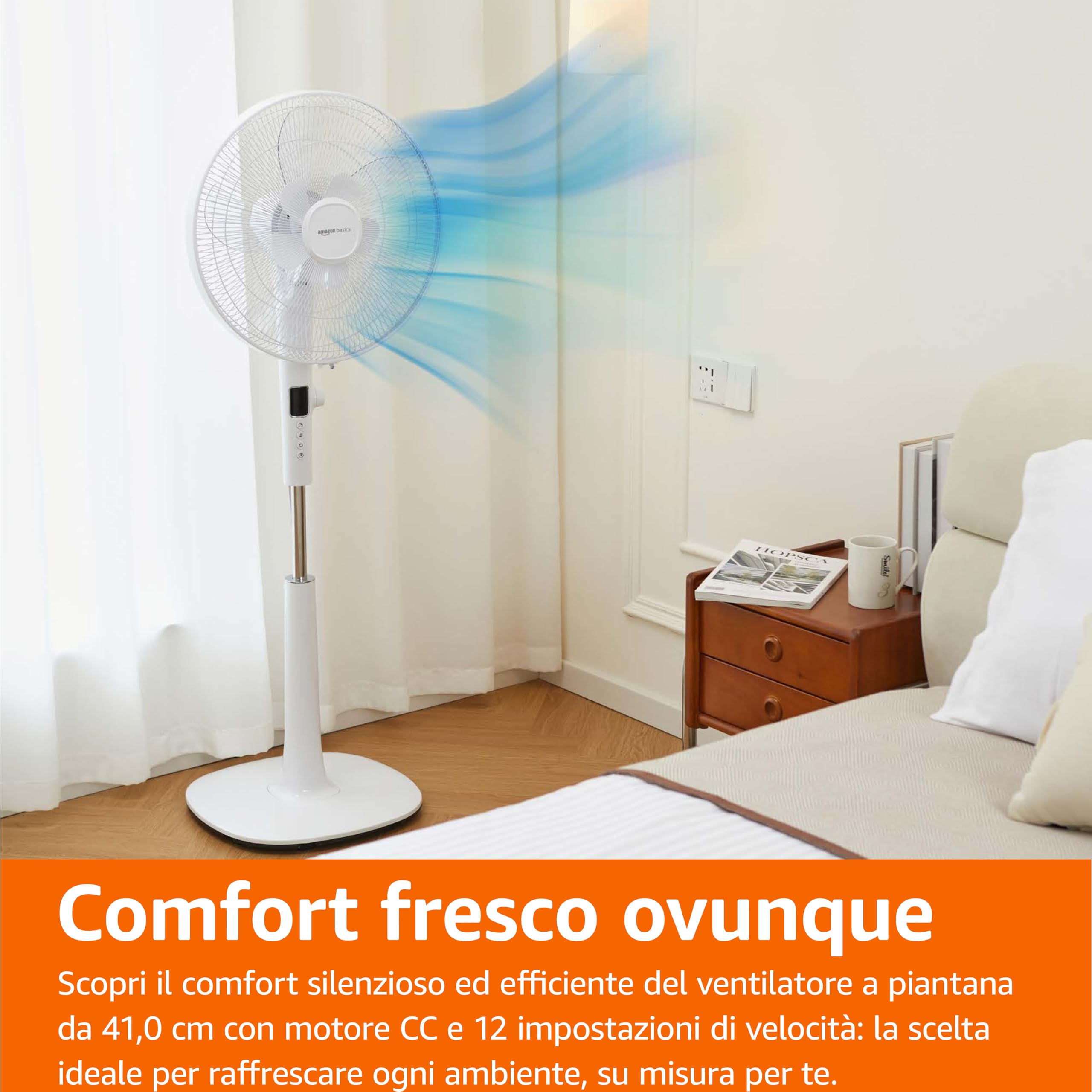 Amazon Basics Ventilatore a Piantana 40 cm, Motore DC, 12 Velocità con Telecomando, 3 Modalità di Brezza, Pale a Doppio Strato, Timer, Efficienza Energetica e Motore DC Silenzioso (28W), Bianco
