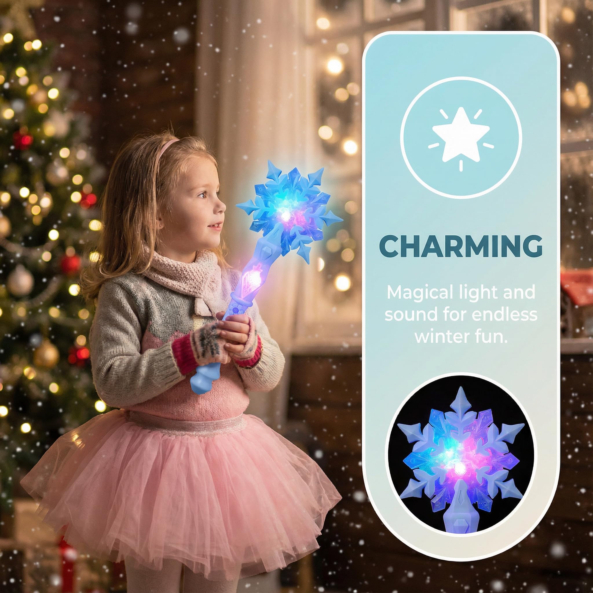 BESPORTBLE Light up Wand Toy: Rotating Up Snowflake for Girls Princess LED Glowing Cosplay Costume Performance Props Winter Musical Glow Stick 3 4 5 6 7 8 Year Old Flashing Fairy Happy New 2026 - Image 3
