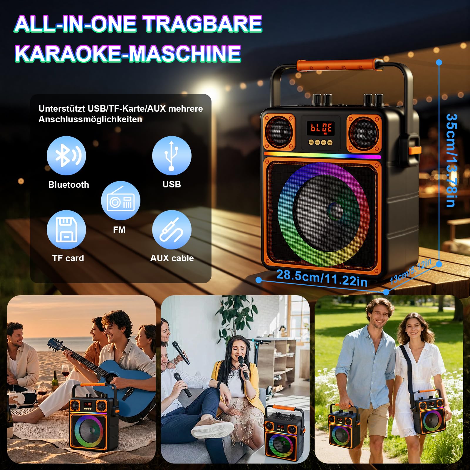 Karaoke Maschine mit 2 Mikrofone, GuKKK Tragbaren Bluetooth Lautsprecher Box und DJ-Lichtern für Erwachsene und Kinder, Karaoke Anlage Unterstützt TF/USB, FM, AUX in, TWS für Party, Geburtstag, Reisen