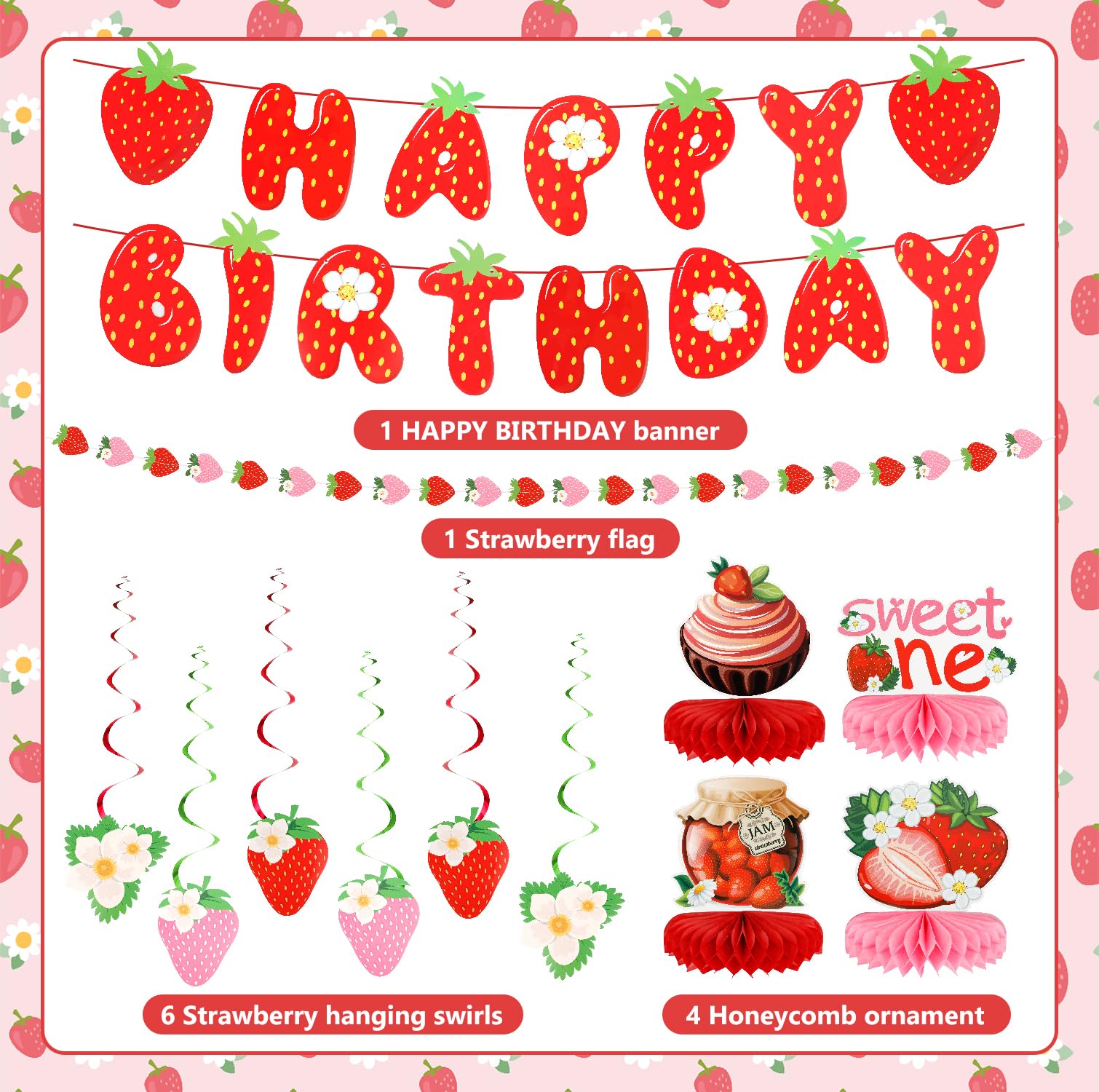 Decorazioni per feste di compleanno a forma di fragola, striscione di compleanno a tema fragole, vortici da appendere, decorazione a nido d'ape per decorazione per feste di Berry Sweet Girl