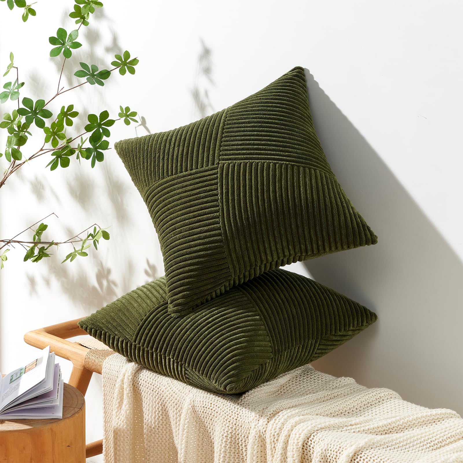 Topfinel Olive Green Cushion Covers 45x45 cm 18x18 Inch Set of 2 Corduroy Patchwork Pinwheel Throw Pillow Cases with Invisible Zipper Decorative Sofa Cushion Covers for Living Room Bedroom Sofa Bed - Image 4