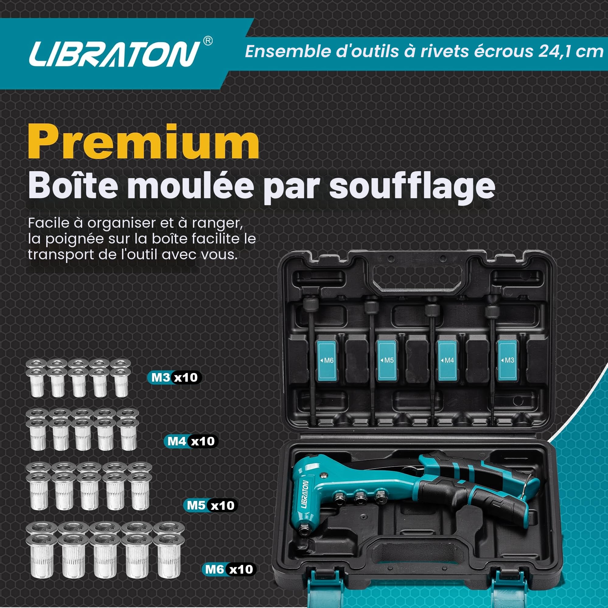 Libraton Pince Ecrou a Rivet, Pince à Insert Fileté, Outil d'écrou de rivet de 9,5 pouce, Filetée Rivet Kit avec Écrous e Mandrins M3, M4, M5, M6, Pistolet à Ecrou Rivets Manuelle
