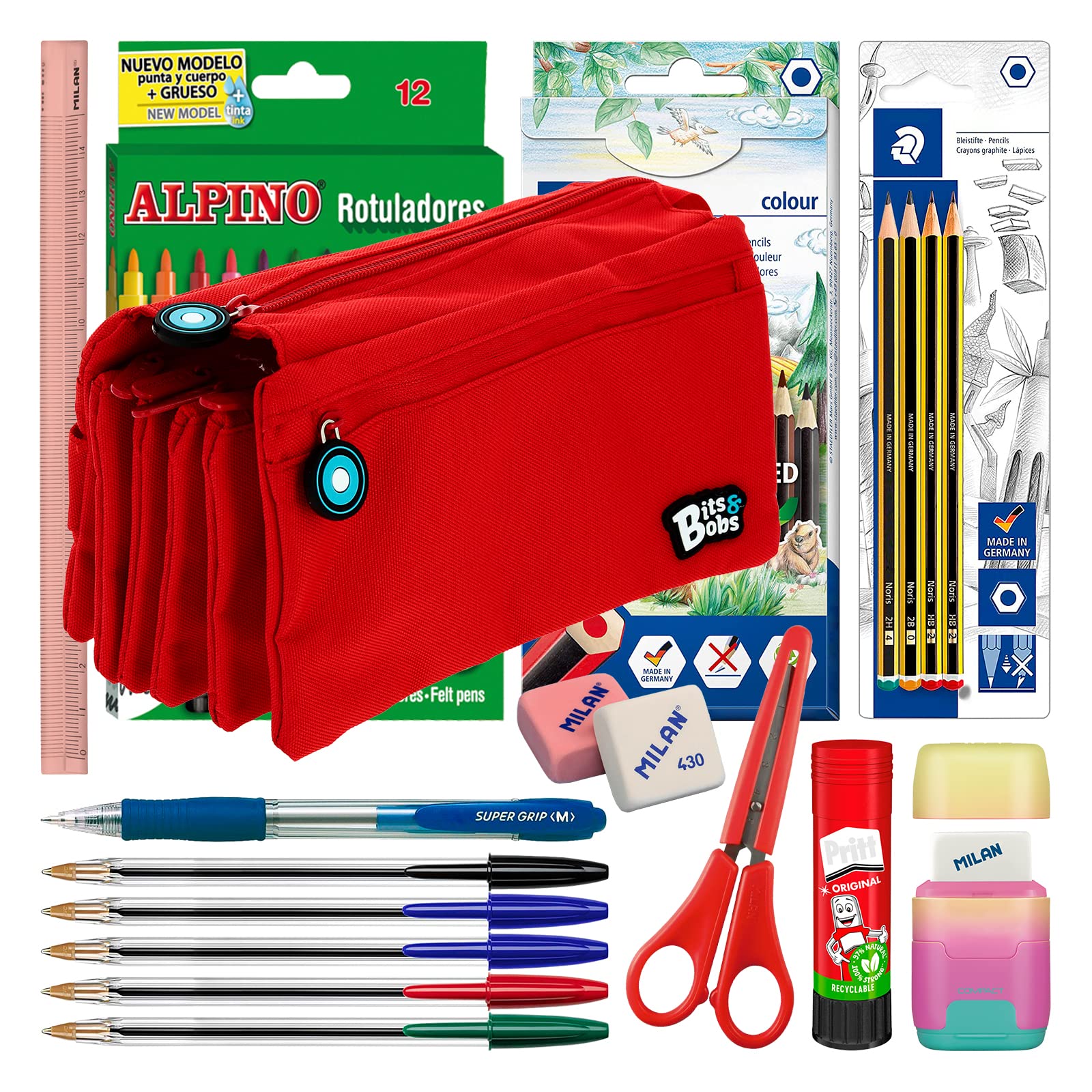 ColePack - Ensemble de Trousse Scolaire Quadriple avec 4 Fermetures Éclair et Fournitures Scolaires de Grandes Marques Incluses (Rouge)