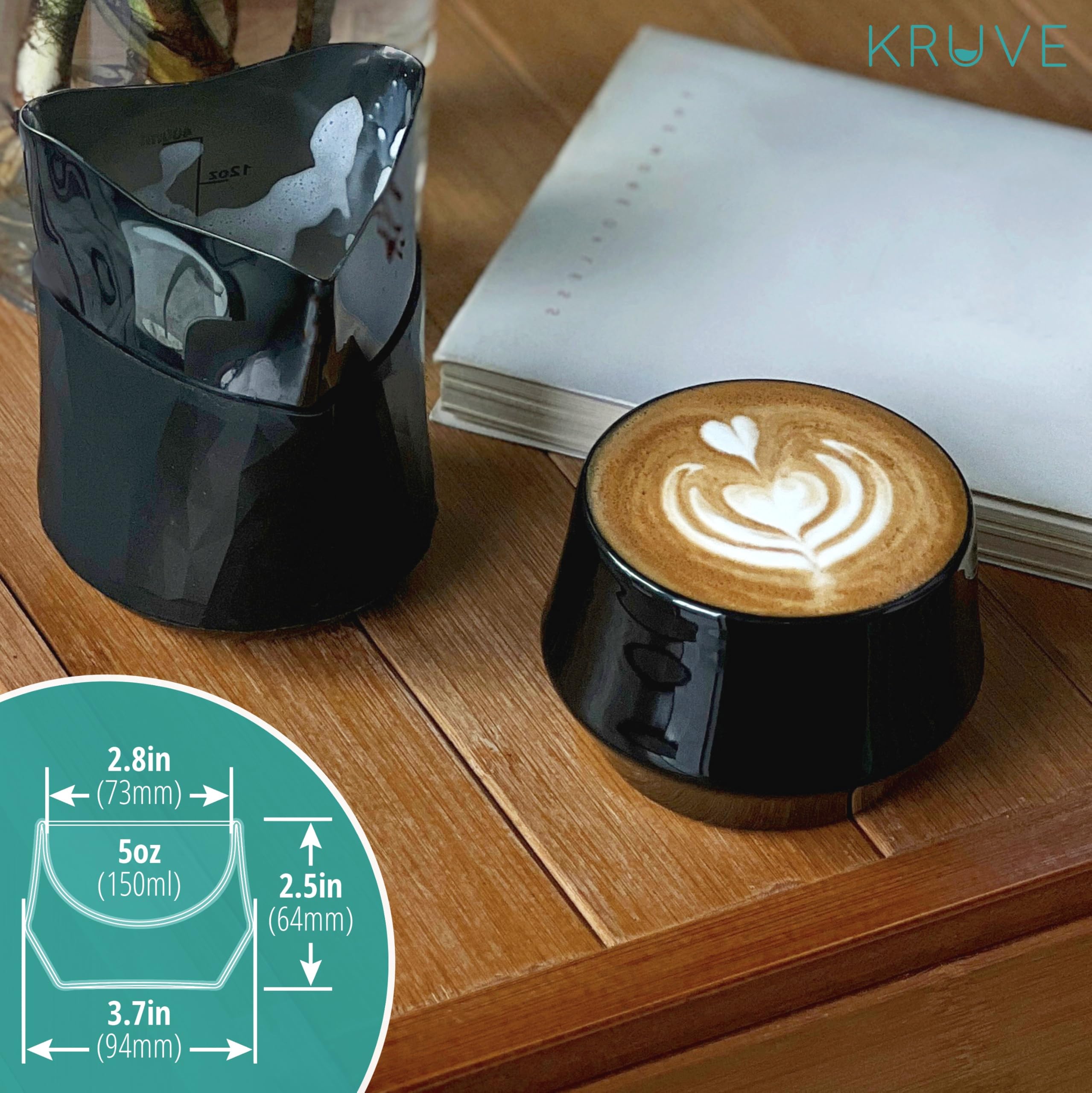 KRUVE Imagina tazas de café con leche de porcelana, tazas de café con doble pared, juego de dos tazas de vidrio - diseño esférico térmico de 5 oz, tazas de café aisladas para retener el calor (negro)