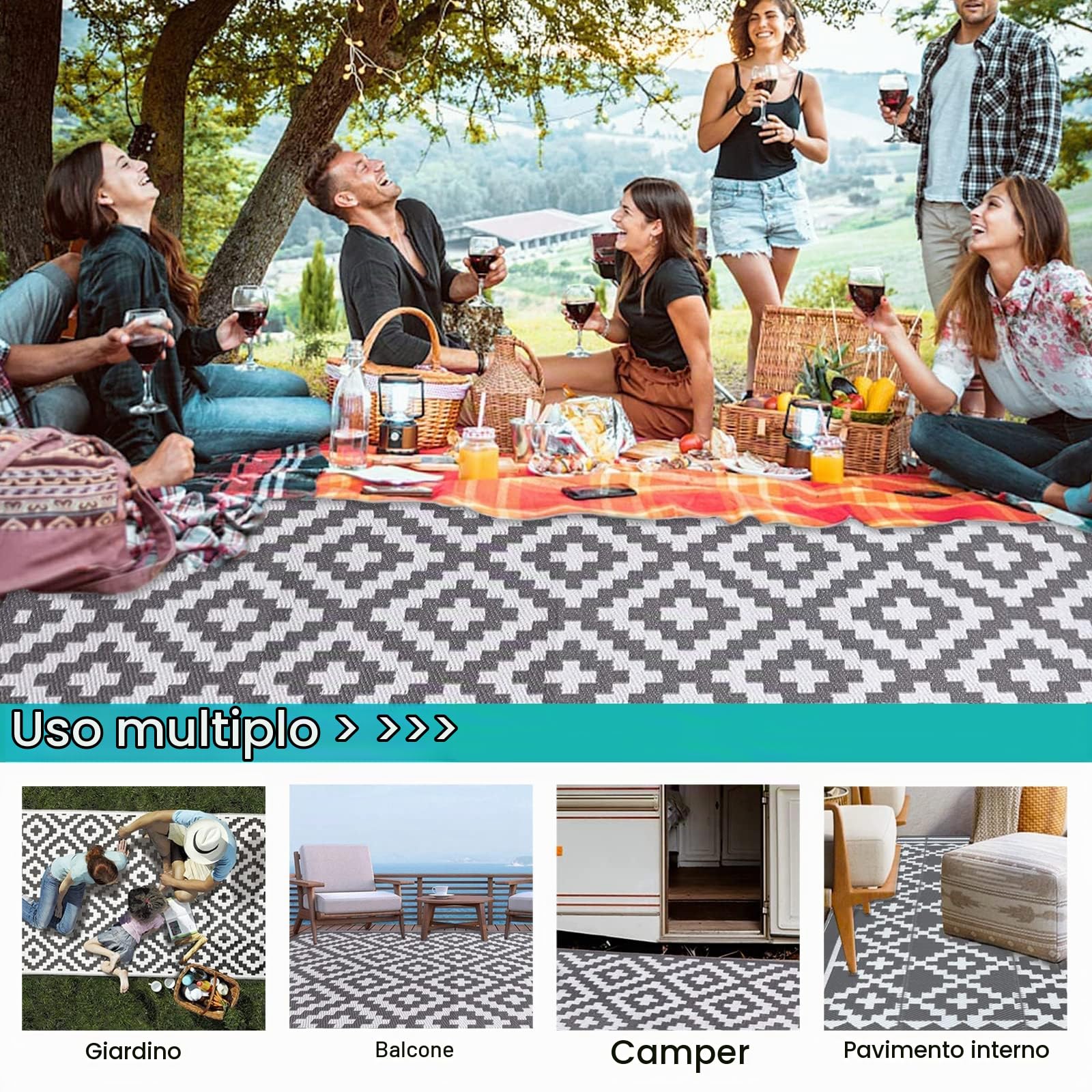 Tappeto per esterni reversibile, in plastica riciclata, in polipropilene ecologico, pieghevole, portatile, impermeabile, per picnic, balcone, terrazza, 180x270 cm, grigio e bianco