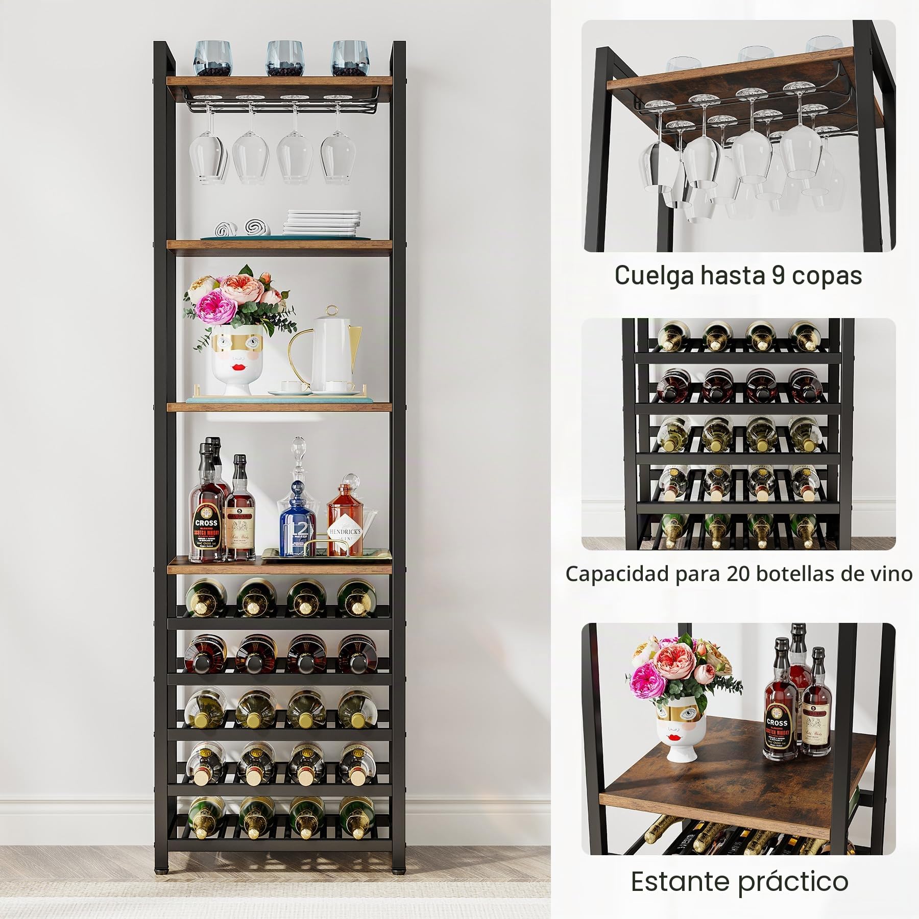 Tribesigns Botellero Vino con Soporte para 20 Botellas, Organizador de Almacenamiento de Vino con Soporte de Copas de Vino, Soporte para Botellero de Madera para Salón, Cocina,35 x 45 x 180cm (Marrón)