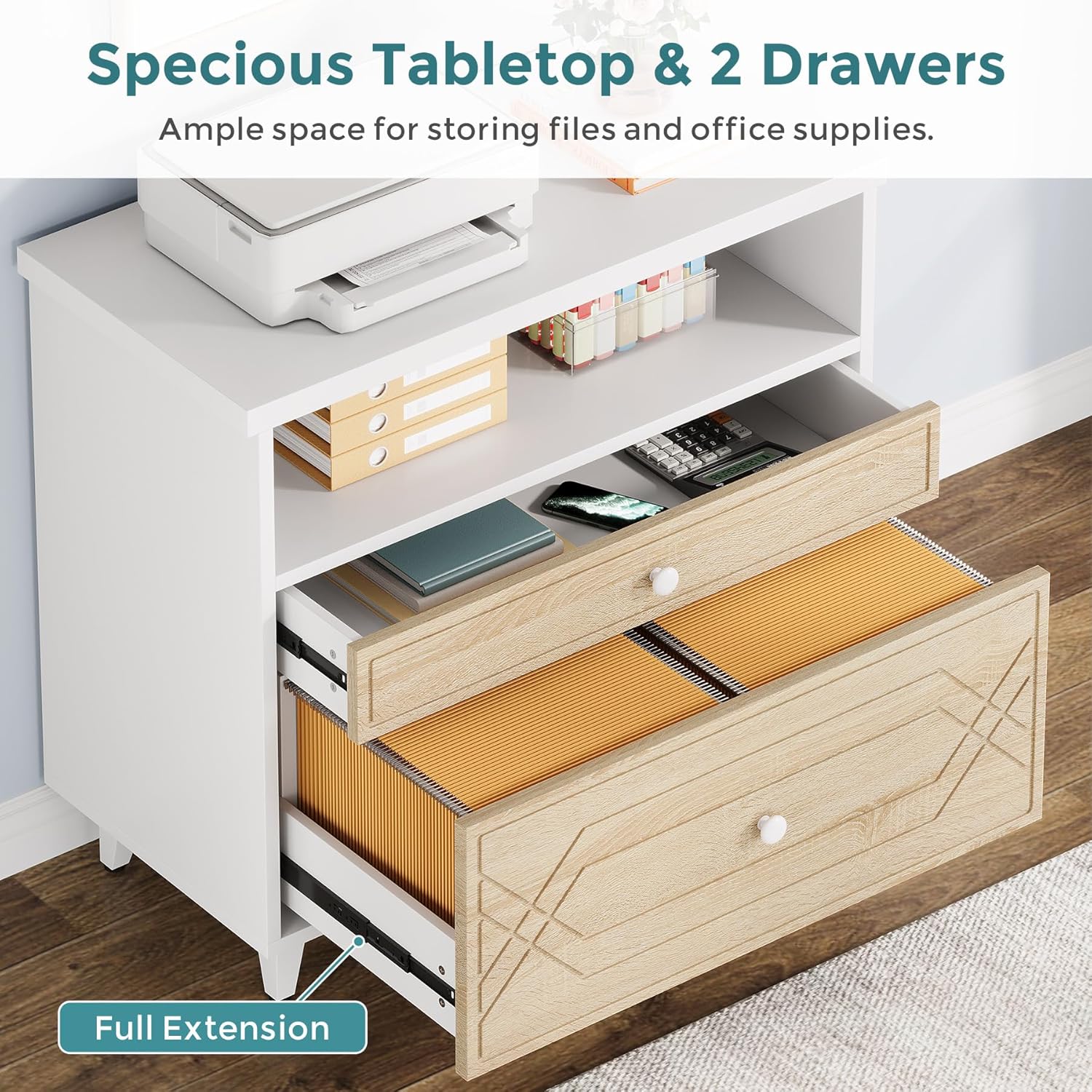 Lateral File Cabinet with Shelf, 2 Drawer Filing Cabinet for A4/Letter/Legal Size, Modern Industrial Office Storage Cabinet Printer Stand for Home Office, White and Light Brown