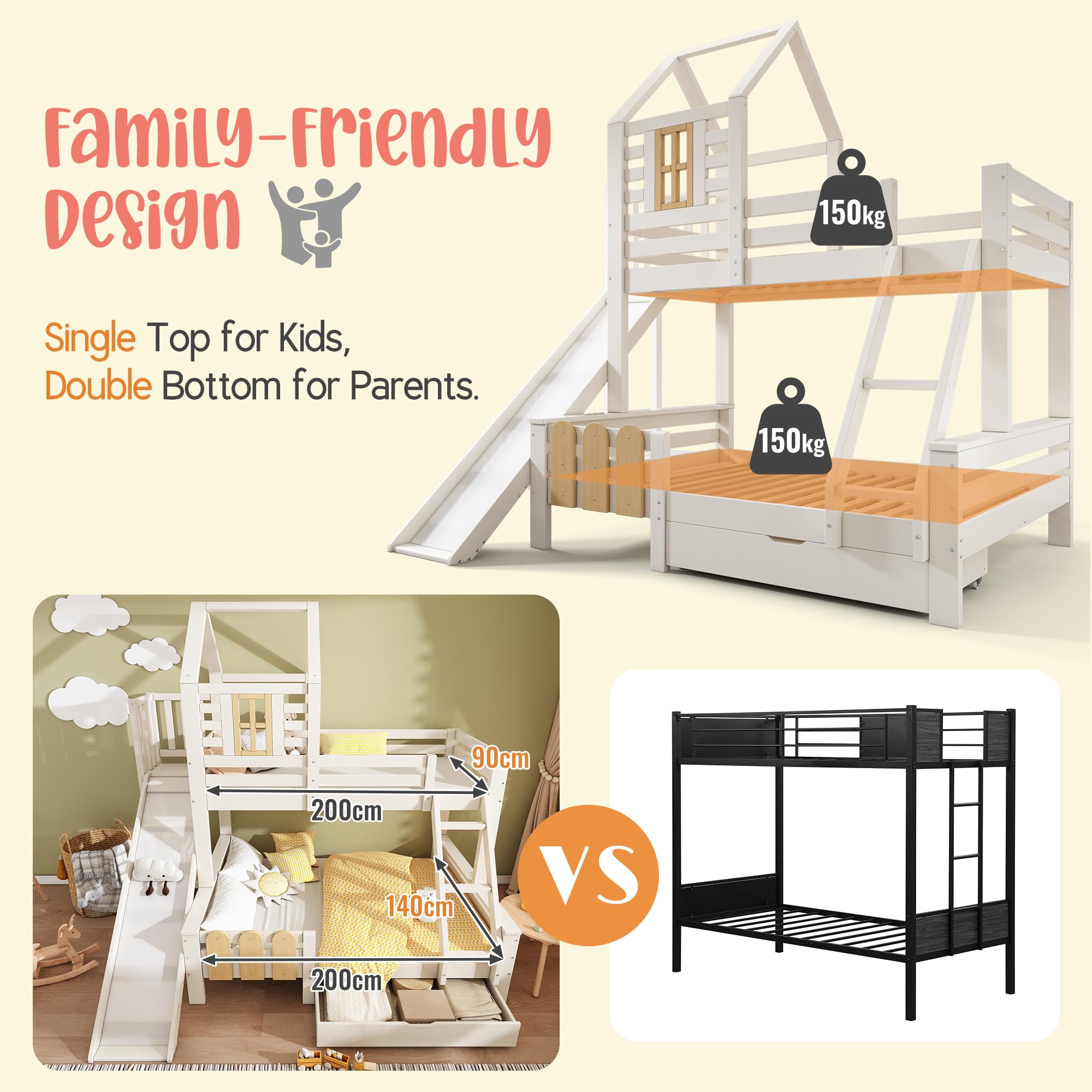 Letto a Castello 90x200 e 140x200cm con Rete a doghe, Letto Matrimoniale con Cassetto, Scivolo e Scaletta, letto a Soppalco per Bambini, a Forma di Casa, Struttura in Legno Massiccio(senza materasso)