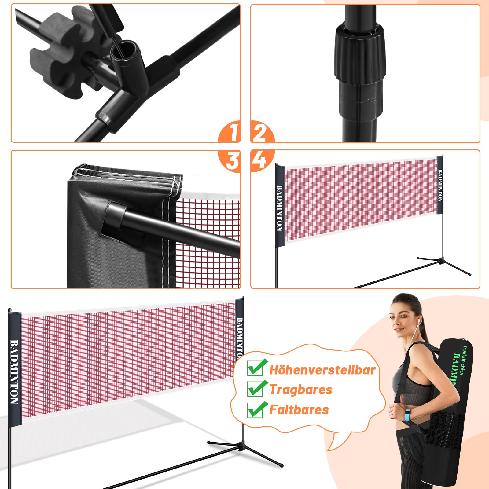 Filet de badminton d'extérieur, filet de volley-ball, réglable en hauteur, pliable, filet de volley-ball avec sac de transport, filet de badminton pour jardin, terrain de sport et autres lieux