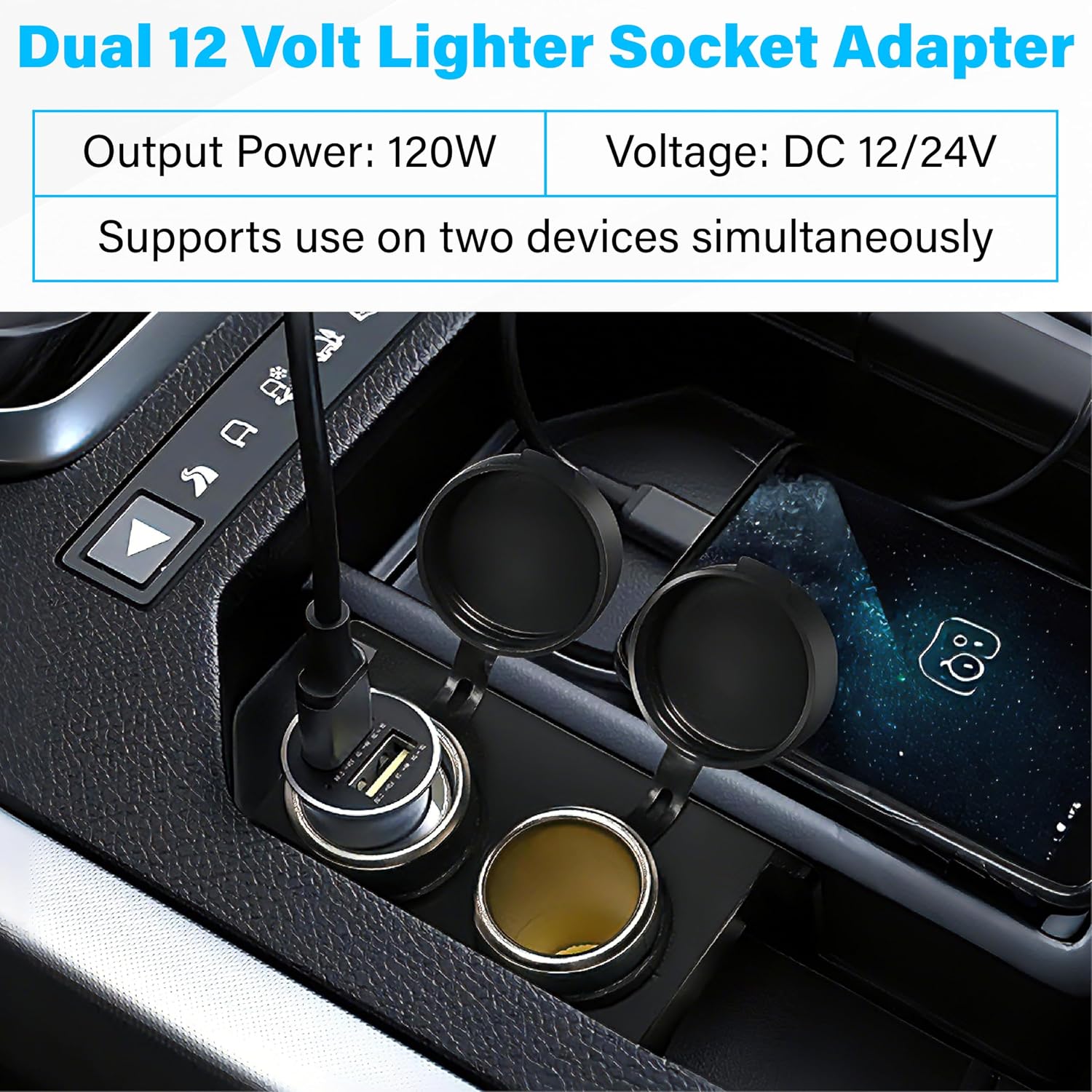 12V Cigarette Lighter Socket with Blade Fuse 15A, 2-Socket Cigarette Lighter Splitter, Waterproof 12V Power Outlet Plug, Car Accessories, Fit for Car Marine Truck ATV RV