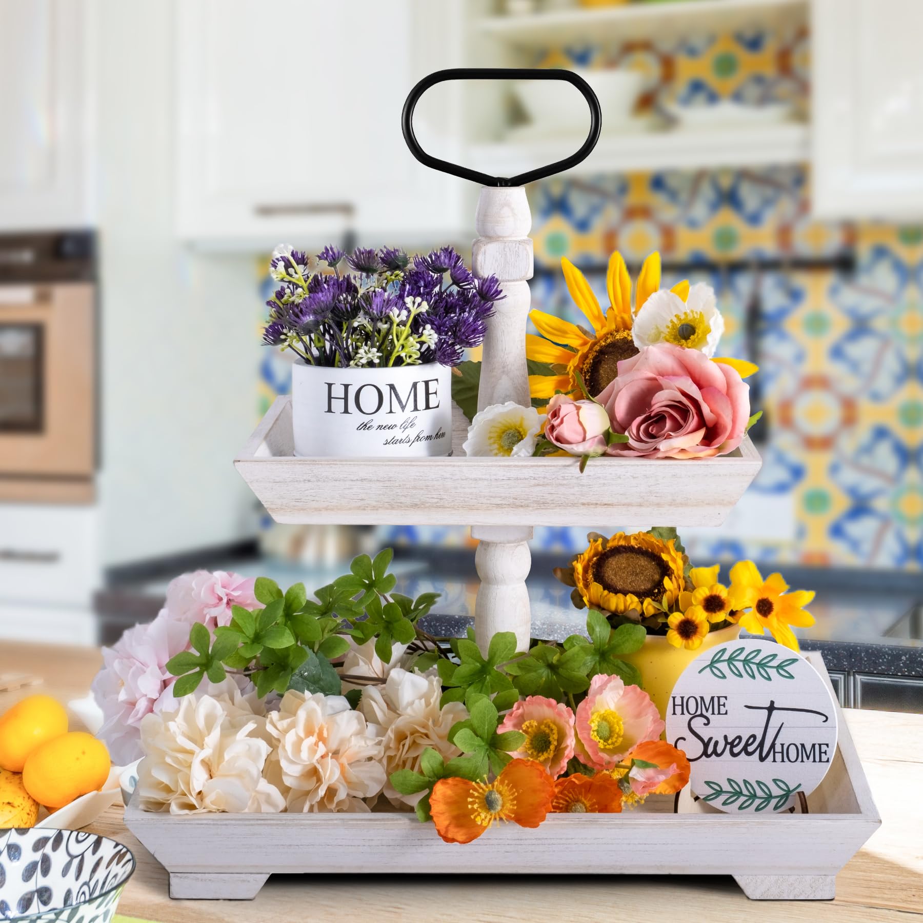 Mustry Tiered Tray Stand, Rustic Wooden Square Farmhouse Kitchen Table Decor Serving Two Tiered Tray, Your Unique Farmhouse Decor for Countertop (White)
