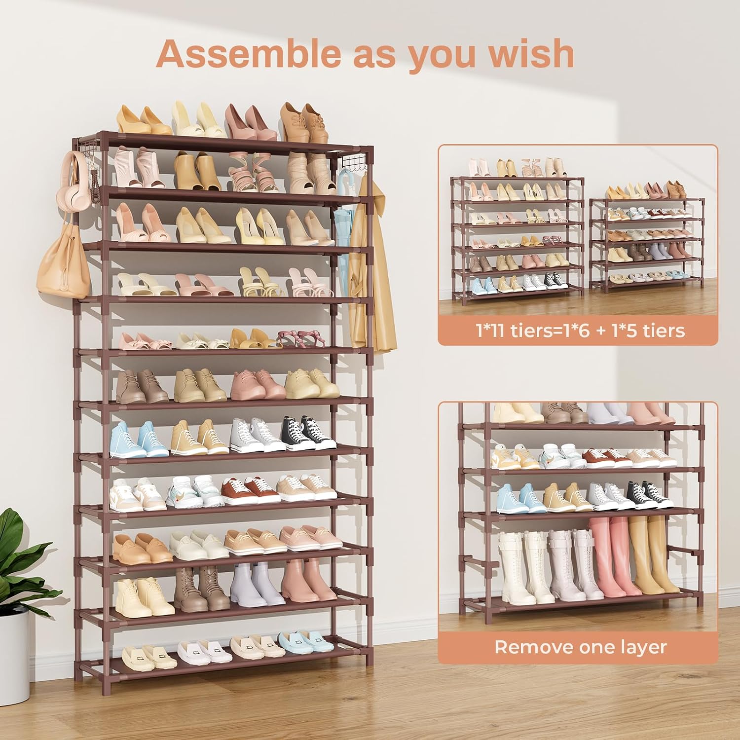 VILICK 11 Tiers Tall Wide Shoe Rack 55 Pairs Large Capacity Sturdy Durable Shoe Rack for Closet Metal Shoe Organizer Shelf with Two Hooks Space Saving for Entryway Brown