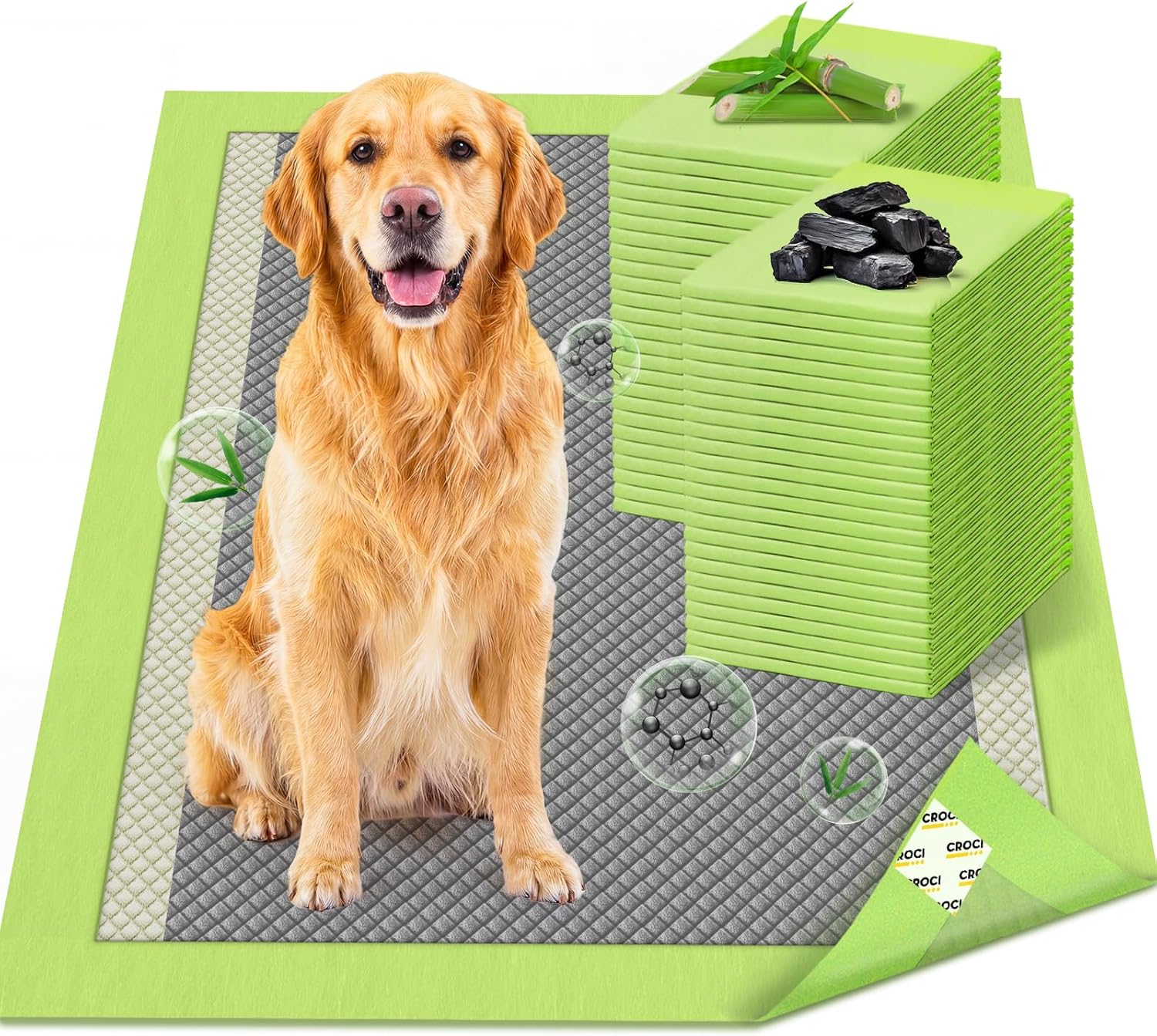 CROCI Dog Pads Extra Large, 28"x34" Pee Pads for Dogs, 2X Odor-Control with Charcoal & Bamboo Material, 4-Corner Adhesive Tabs, Super Absorbent & Leak-Proof, Disposable (40 Counts)