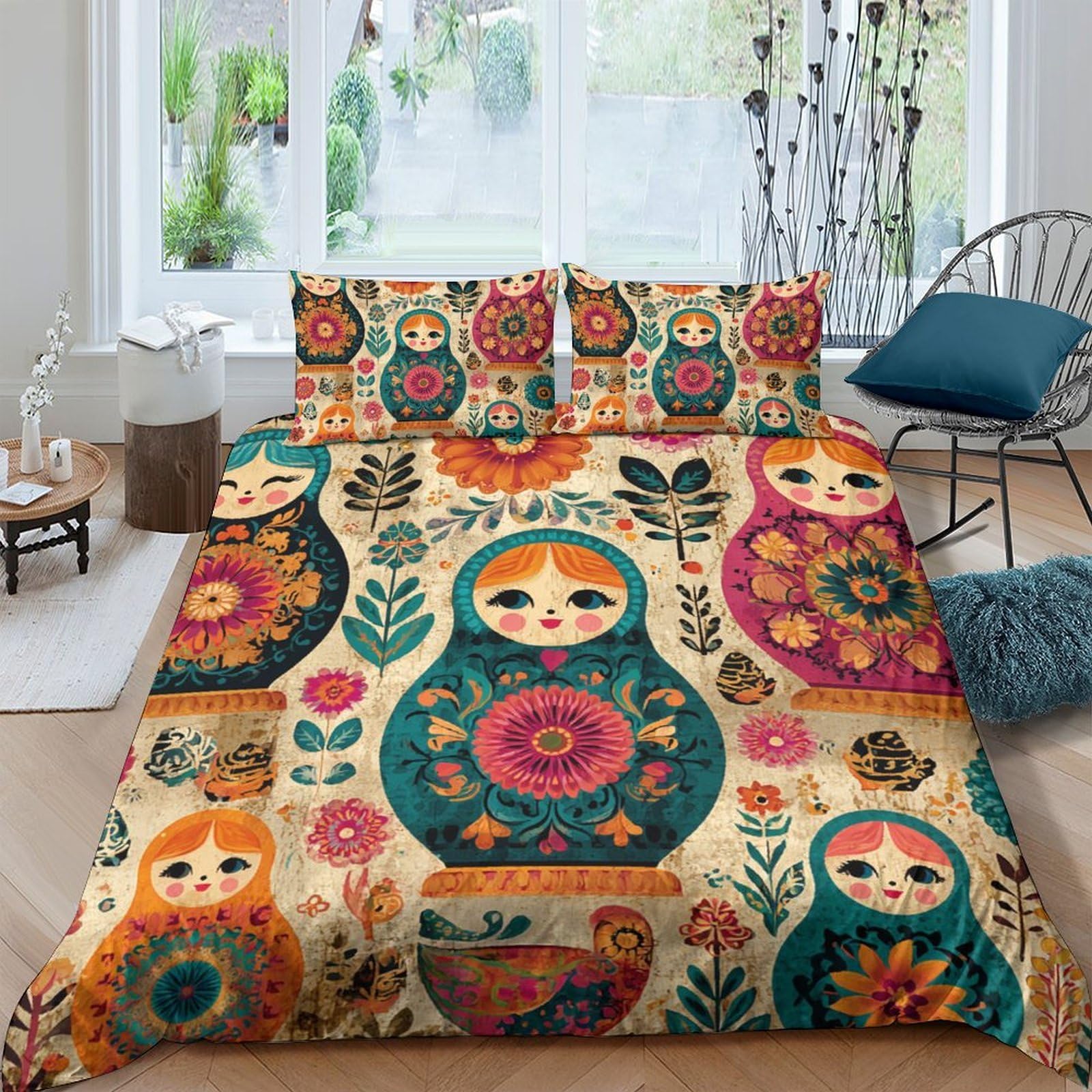Ctjqhvkz Style-8 3D Printed Matryoshka Doll Fitted Sheet Microfiber Vibrant Floral Bed Cover For Bedroom Guest Room Decor Single（135X200cm）