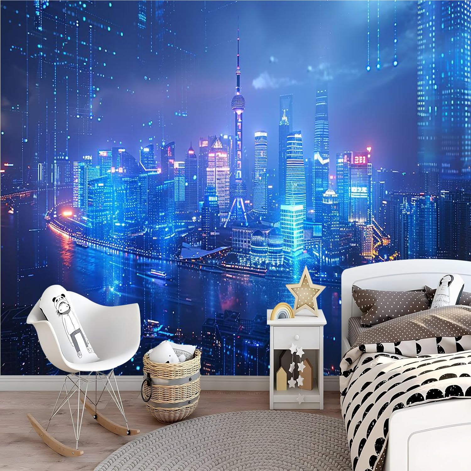 Carta da parati effetto 3D Città Moderna 350 x 256 cm Murale Non Tessuto Vista Notturna Fotomurale Stampa HD Moderna Poster Per Soggiorno E Camera Da Letto Design 2M1749