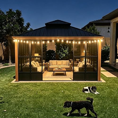 PURPLE LEAF Hardtop Gazebo Sunroom 10' x 15', Enclosed Patio Solarium with Mesh & Removable PC Panels, Magnetic Sliding Doors Outdoor Living Space for Backyard Lounge, Dining & Spa and 24 Solar Lights