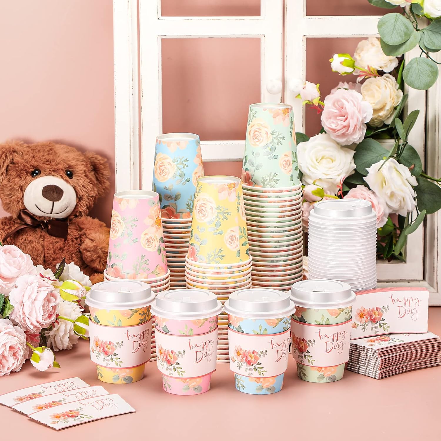 Remerry 100 Pcs 12oz Floral Disposable Coffee Cups with 100 Lids and 100 Sleeves Paper Insulated Drink Hot Coffee Paper Cups with Dome Lids and Sleeves for Parties Wedding Baby Shower(Fresh) - Image 4