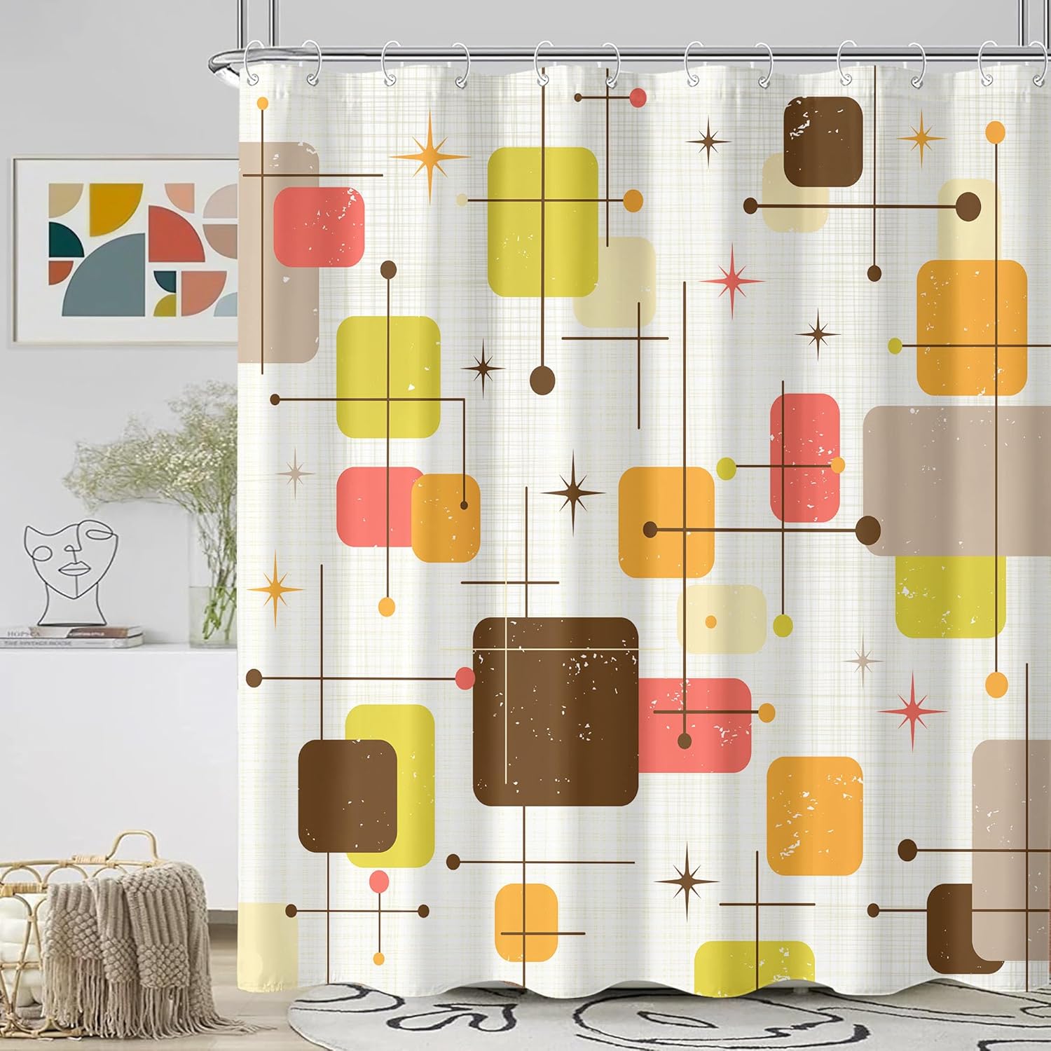 Pop Art Geometric Shower Curtain Set Abstract Blocks Print Waterproof Bathroom Decor Modern Colorful Home 72x72 Inch