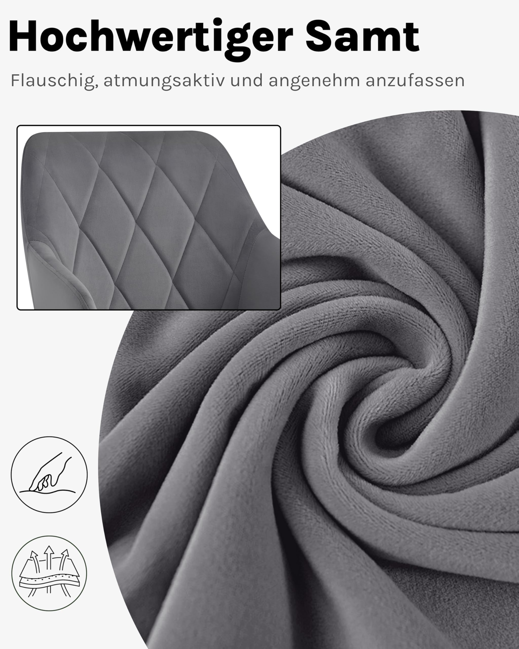 WOLTU 4er Set Esszimmerstühle mit Armlehne Rückenlehne, für Esszimmer Wohnzimmer Küche, Bequeme Küchenstühle gepolstert mit Samtbezug, Metallbeinen, Dunkelgrau