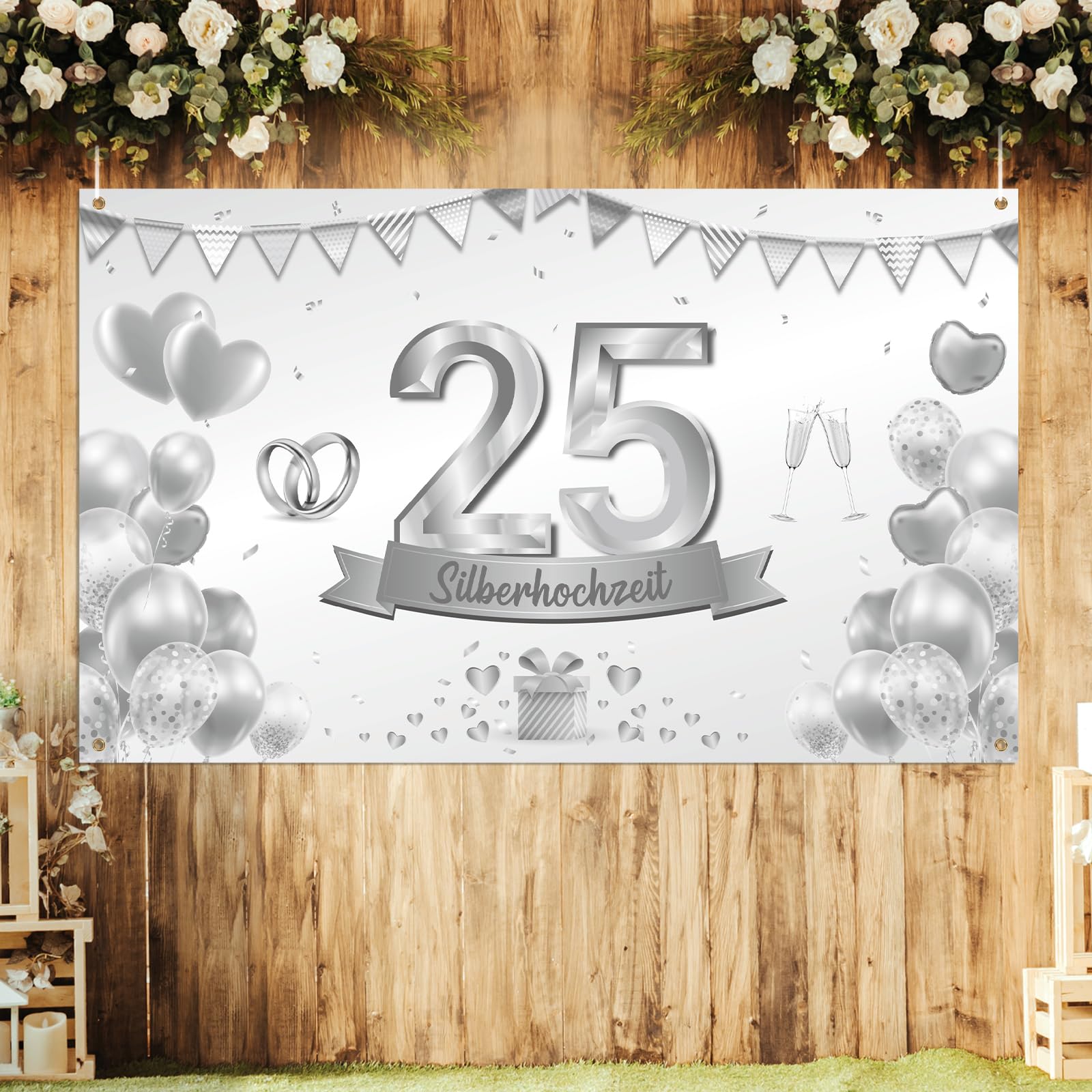 LOHAME Pancarta de bodas de plata, 170 x 120 cm, 25 aniversario de boda, decoración de 25 aniversario, banner de boda, banner de boda, banner de 25 aniversario, banner de fiesta, plata, decoración