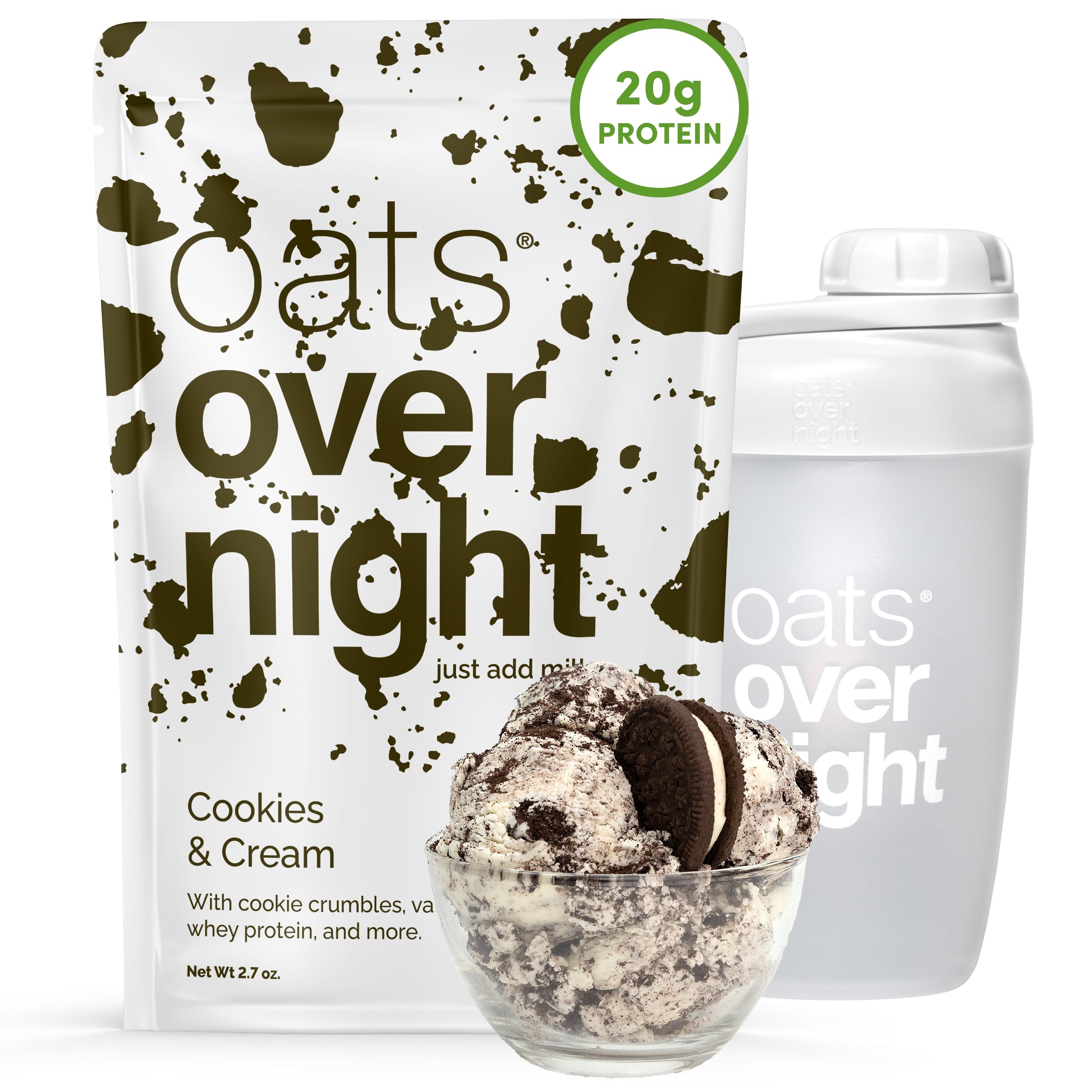 Oats Overnight Cookies & Cream - Overnight Oats with 20g Whey Protein, High Fiber Breakfast Protein Shake - Gluten Free Oatmeal, Non GMO High Protein Oatmeal (2.7 oz per Meal) (8 Pack + Shaker Bottle)