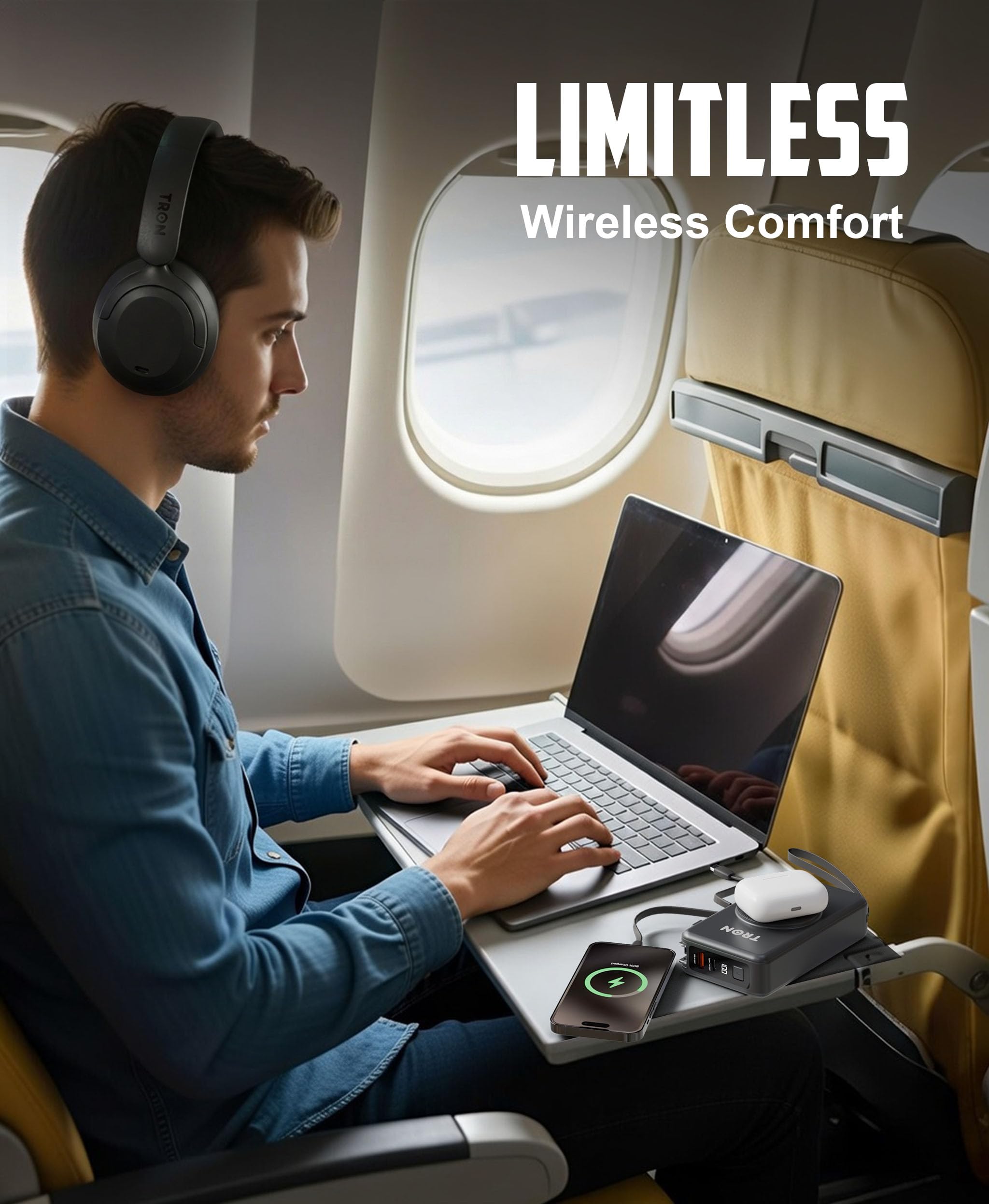 TRON Cuffie ibride con cancellazione del rumore, over-ear wireless con batteria 60H, modalità trasparenza, ricarica rapida, design pieghevole, custodia da viaggio inclusa (TR110)/nero