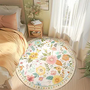 Floral 4ft Area Rug Machine Washable Soft Print Boho Carpet Non Slip Doormat Low Pile Flower Area Rugs for Living Room Bedroom Nursery Kitchen Dining Room Indoor-Beige/White/Orange