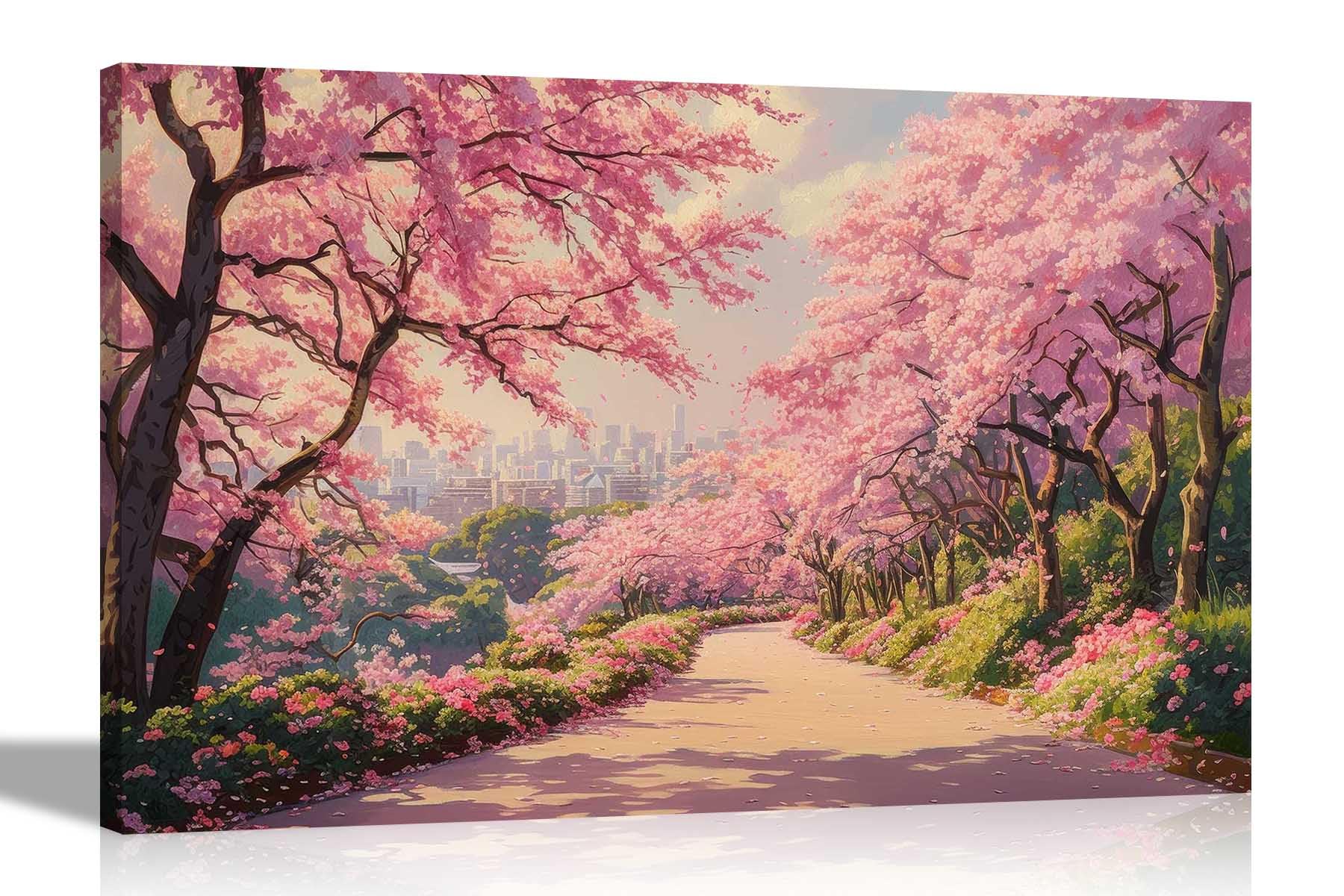 Artley Prints Pink Summer City Path - City Park Spring Blooming Cherry Trees Canvas Wall Art Pictures For Home Office Conservatory Landscape Prints Large 86 X 61Cm (34 X 24 Inches) A1