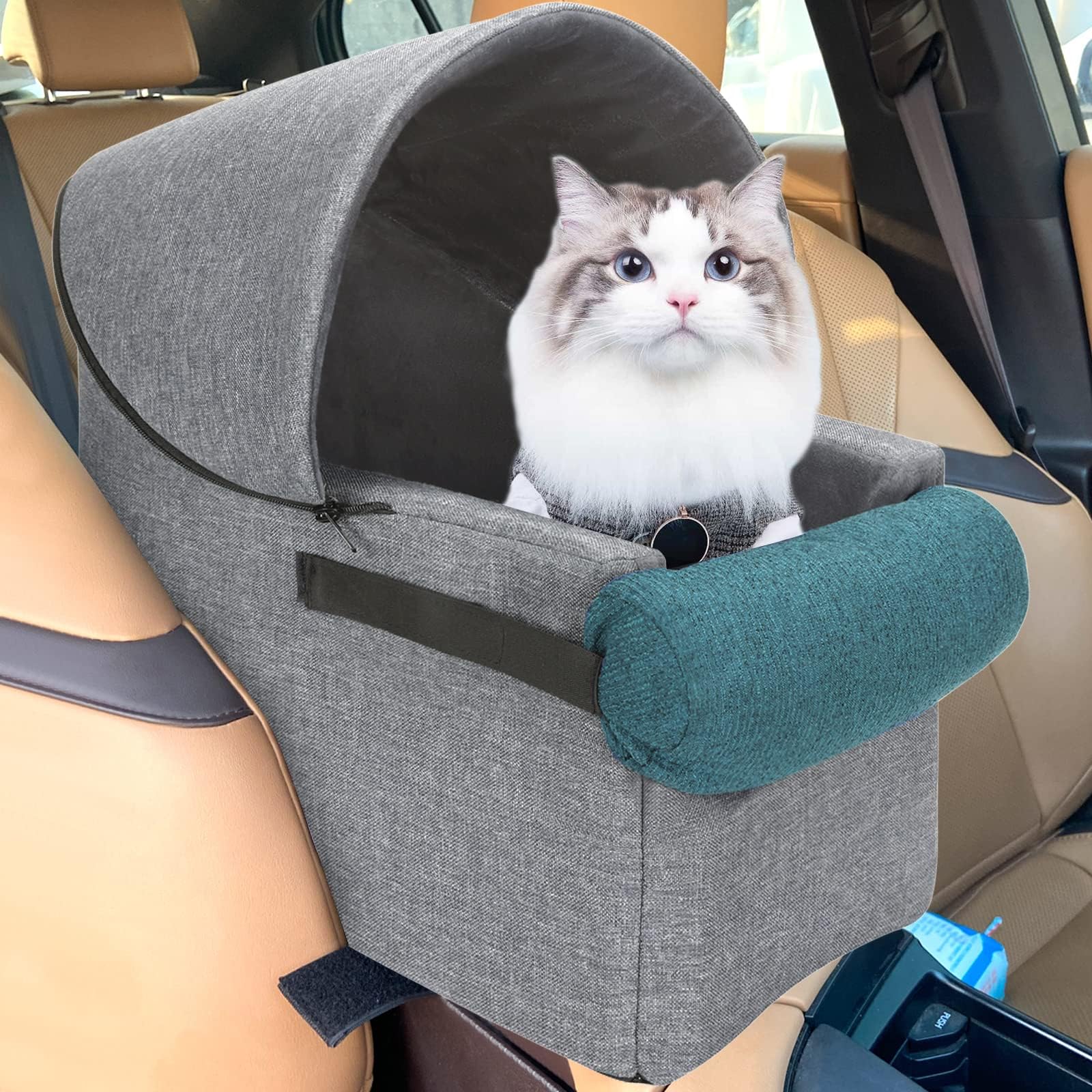 HIFUAR Pet Booster Seat for Small Dogs - Armrest Middle Console Dog Seat for Car (Semi-Enclosed)