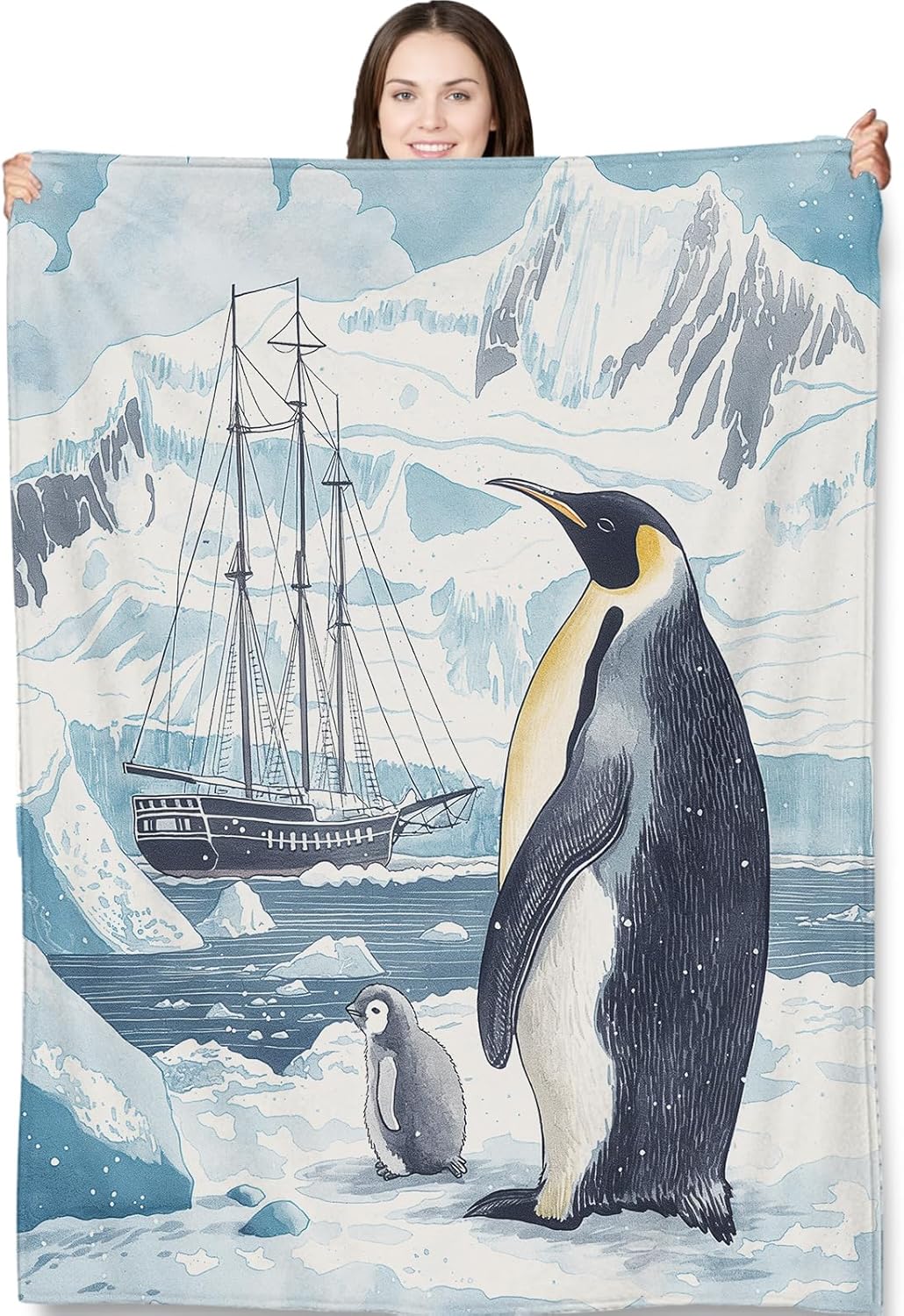 Antarctic Expedition Penguin Blanket 50"x60", Cute Penguin Plush Blankets, Ideal for Home Decor, Couch, Bed, Travel, for Adults and Kids