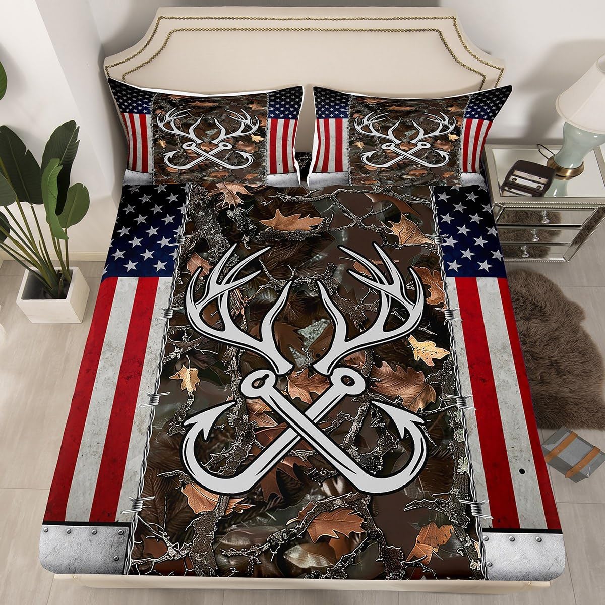 Homewish Deer Antler Fishing Fitted Sheet Queen Size,Boys Vintage American Flag Bedding Set for Kids Teens Men Room Decor Brown Jungle Branches Camo Bed Sheet Adventure Hunting Deep Pocket Sheet 3Pcs