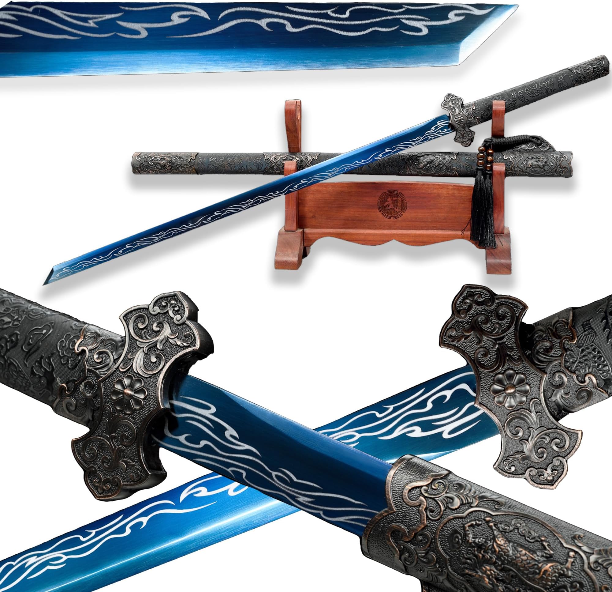 SJ SHI JIAN Chinese Sword Tang Dynasty Sharp Spring Steel Blade Straight Swords Darogon Pattern Sheath Jian for Display,Sword for Men