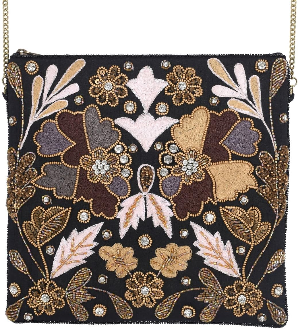 Florence Happy Hour Beaded Floral Square Crossbody Clutch Bag, Black Multicolor, Unique Statement Handbag for Women
