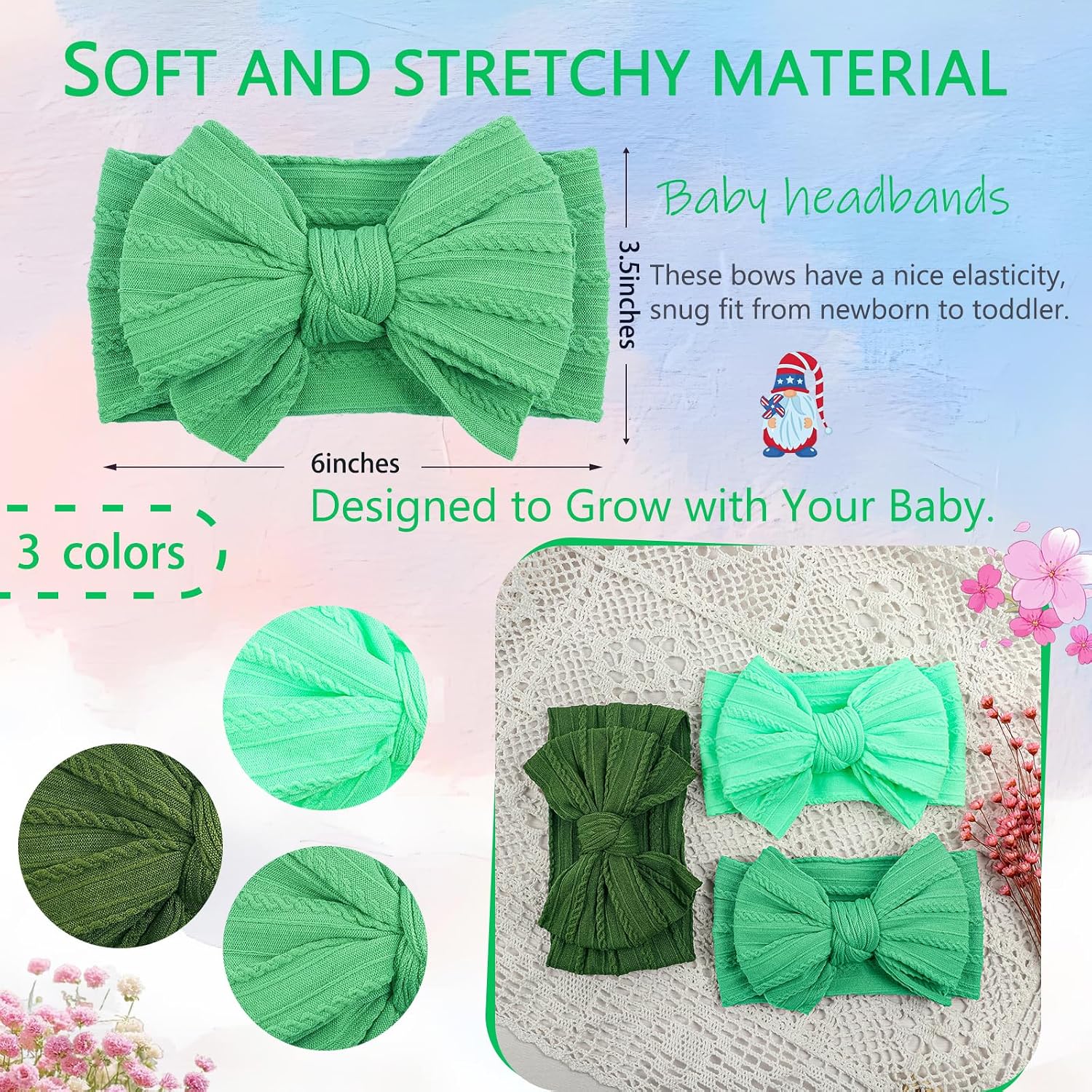 LemonSpace Handmade Baby Girls Headbands Soft Stretchy Nylon Hair Bands Hair Accessories with Bows for Newborn Baby Girls Infant Toddlers Kids(Green color mix)