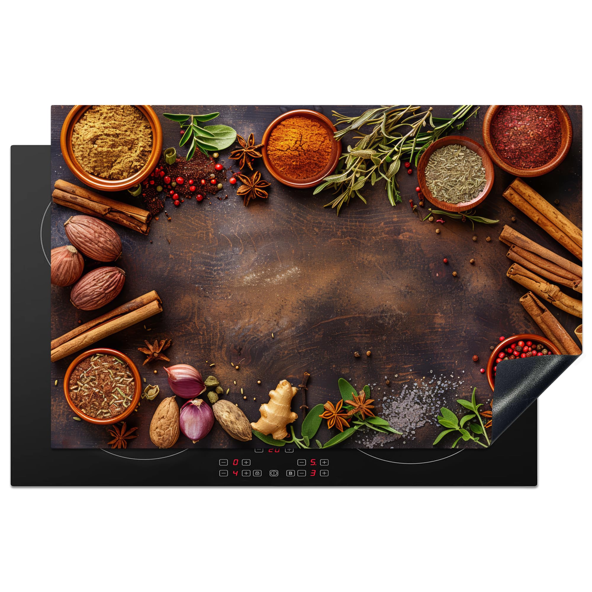 KitchenYeah© Induction Hob Protector Mat 20.5"x31.9" / 81.2x52 cm Cooker Top Protectors Cover Ceramic Covers Electric Hobs Vinyl Spices - Herbs - Cinnamon Sticks - Wood Print