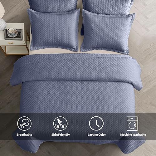 Miniatura 8 de Maple&Stone Juego de edredón tamaño King, colcha rosa ligera con patrón de cheurón ultrasónico para todas las estaciones, edredón decoración de ropa