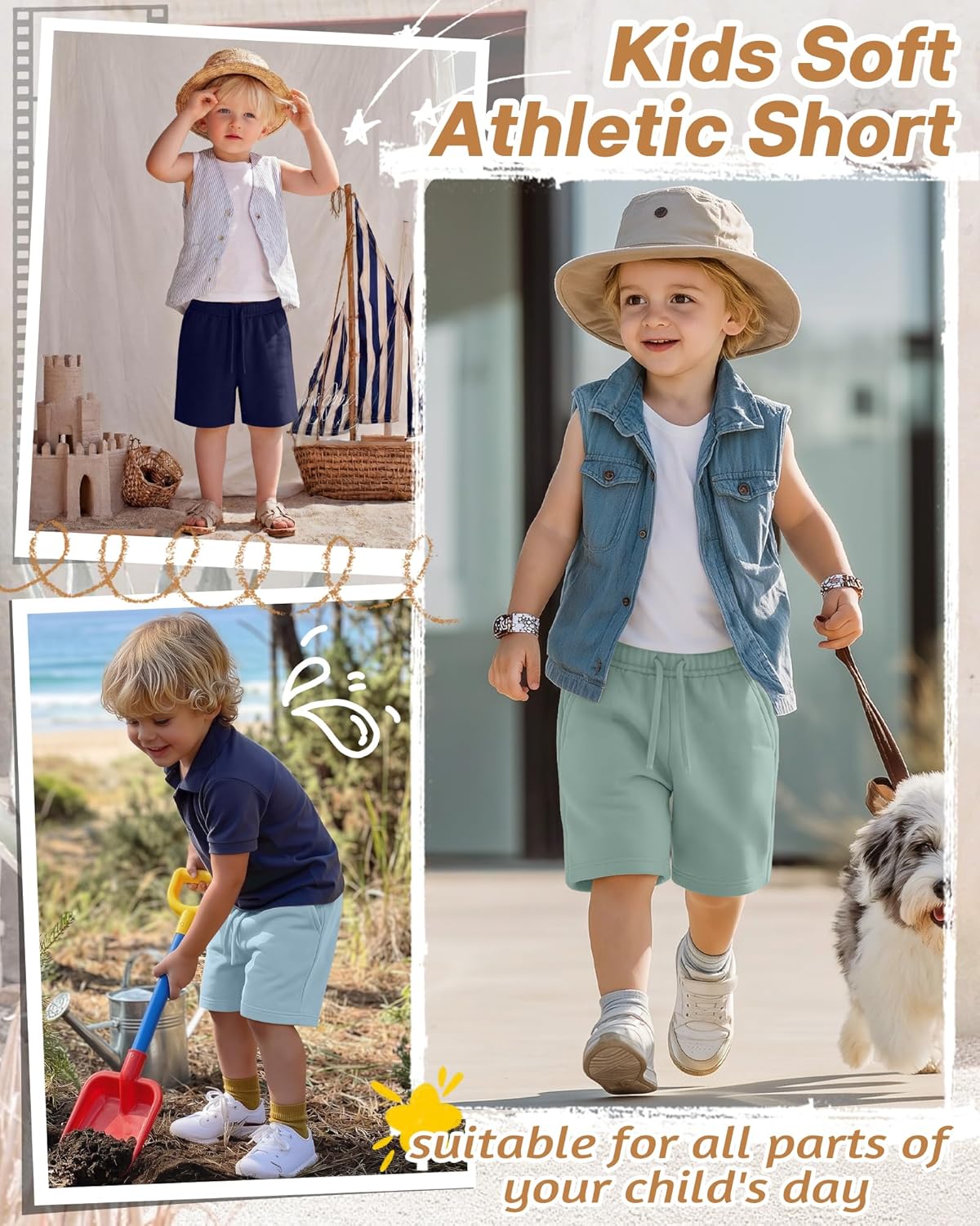3 Pack Toddler Boys Shorts Drawstring Elastic Waist Summer Casual Sweatshort Kids Soft Athletic Short with Pockets