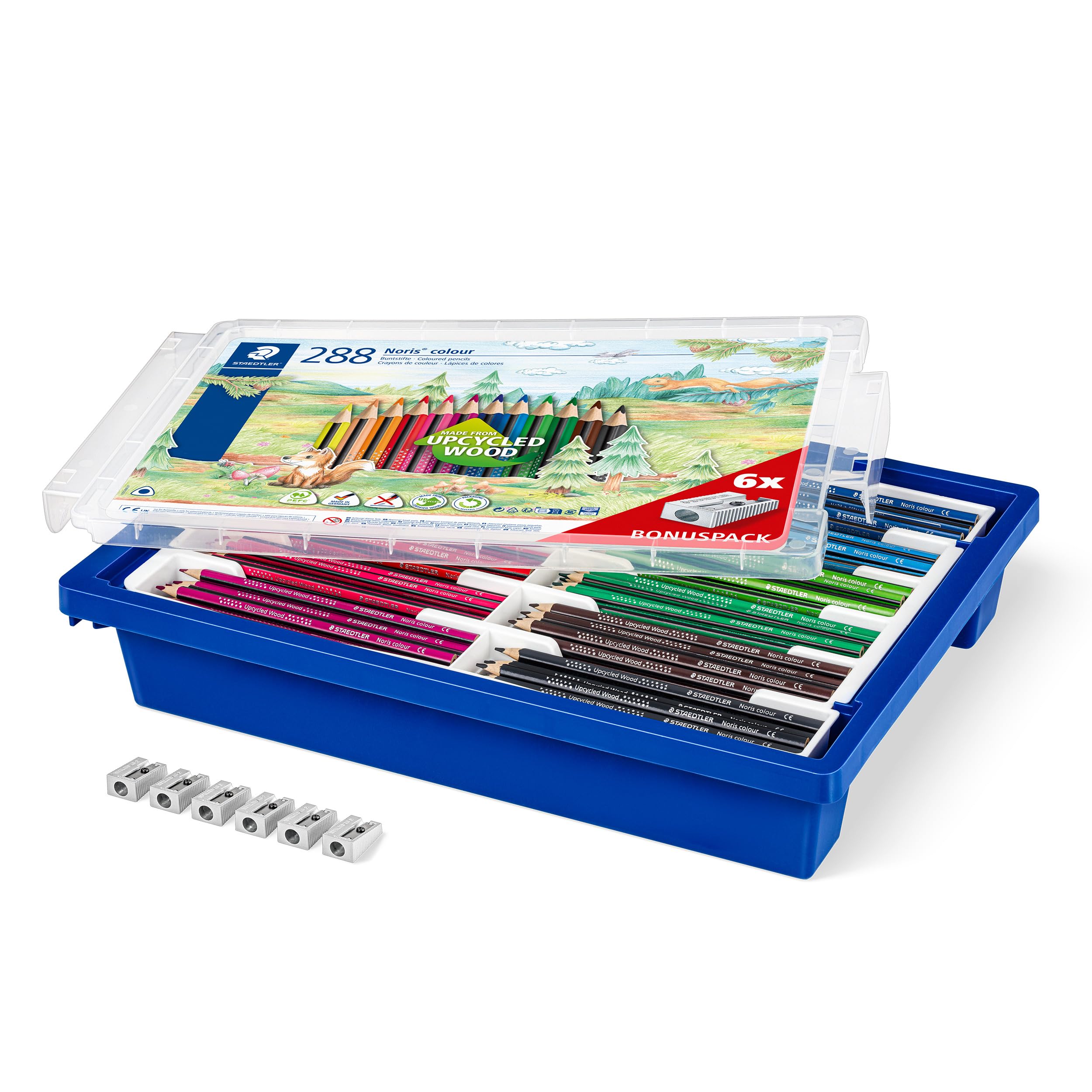 STAEDTLER Buntstift Noris colour, erhöhte Bruchfestigkeit, Dreikantform, ergonomische Soft-Oberfläche, WOPEX Material, Set mit 288 Stiften in 12 Farben und 6 Anspitzern, Klassensatz, 187 G288